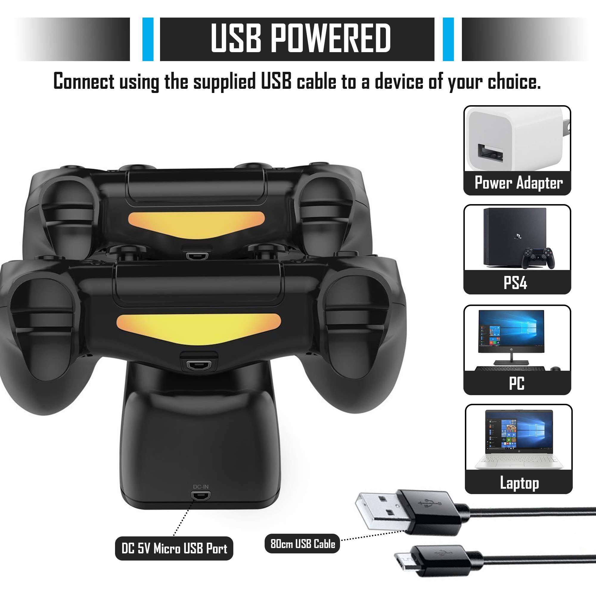 PS4 Controller Charging Dock with USB Cable & Blue LED Light - Dual Charger Station Stand for PS4, PS4 Slim, PS4 Pro - Perfect for Gaming Setup & Nighttime Charging