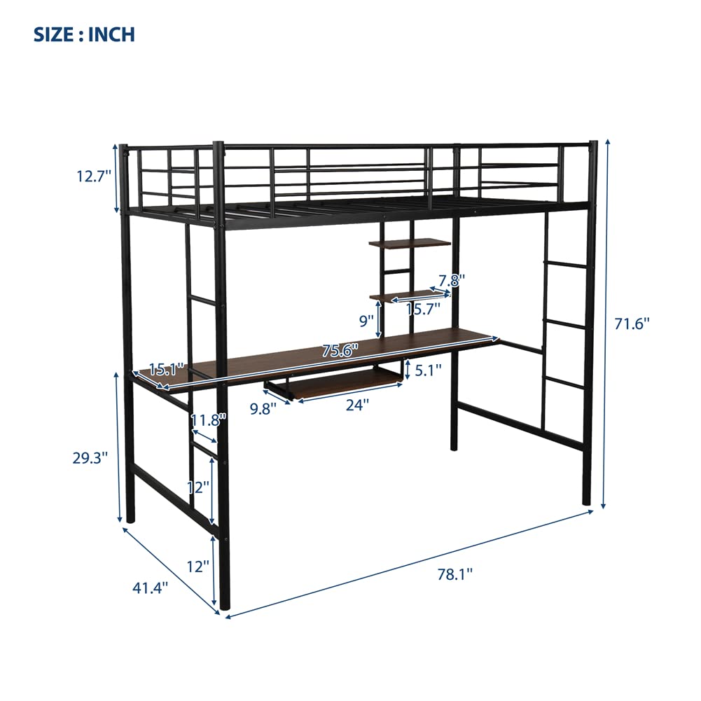 Twin Size Loft Bed Frame with MDF Desk & Storage Shelves - Metal Bedroom Furniture with Guardrails & Ladder - Space-Saving Workstation for Small Apartments, Dorms, Kids Rooms & Home Offices