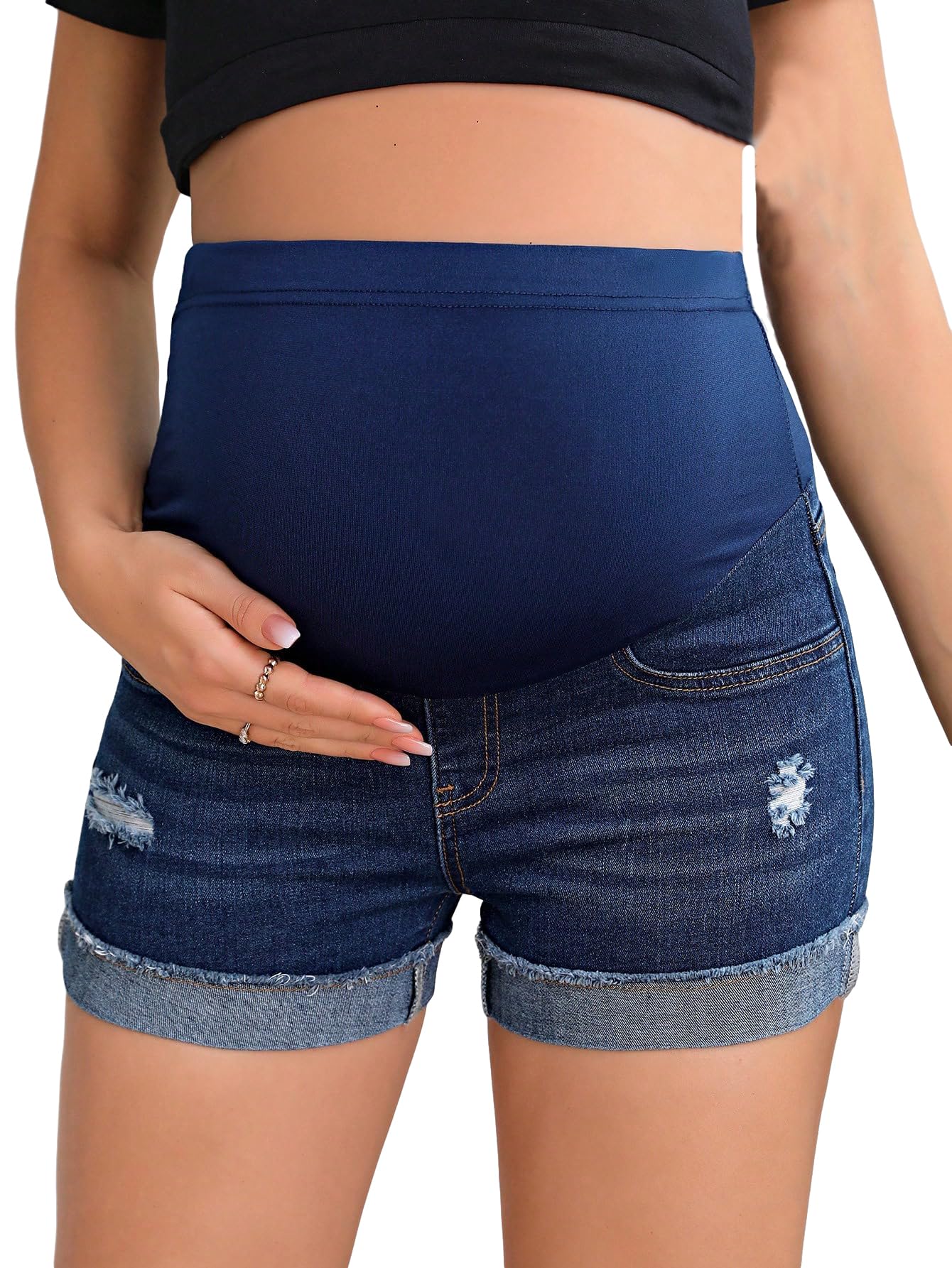 Floerns Women's Maternity Ripped Roll Hem Jeans - Stretch Denim Shorts for Pregnant Women | Comfortable Summer Outfit for Expecting Moms