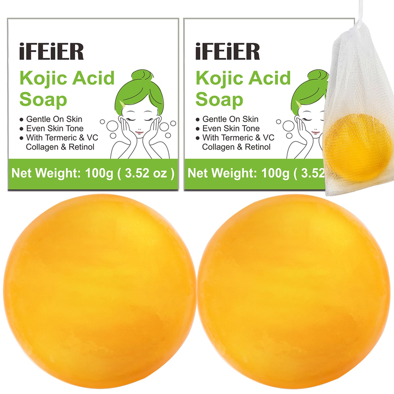 Kojic Acid Soap Bar 200g (7.04 oz) 2 Pack - Vitamin C, E & Retinol Soap with Collagen & Turmeric for Skin Brightening & Acne Treatment - Exfoliating Body Wash for Men & Women - Perfect for Daily Skincare & Dark Spot Removal