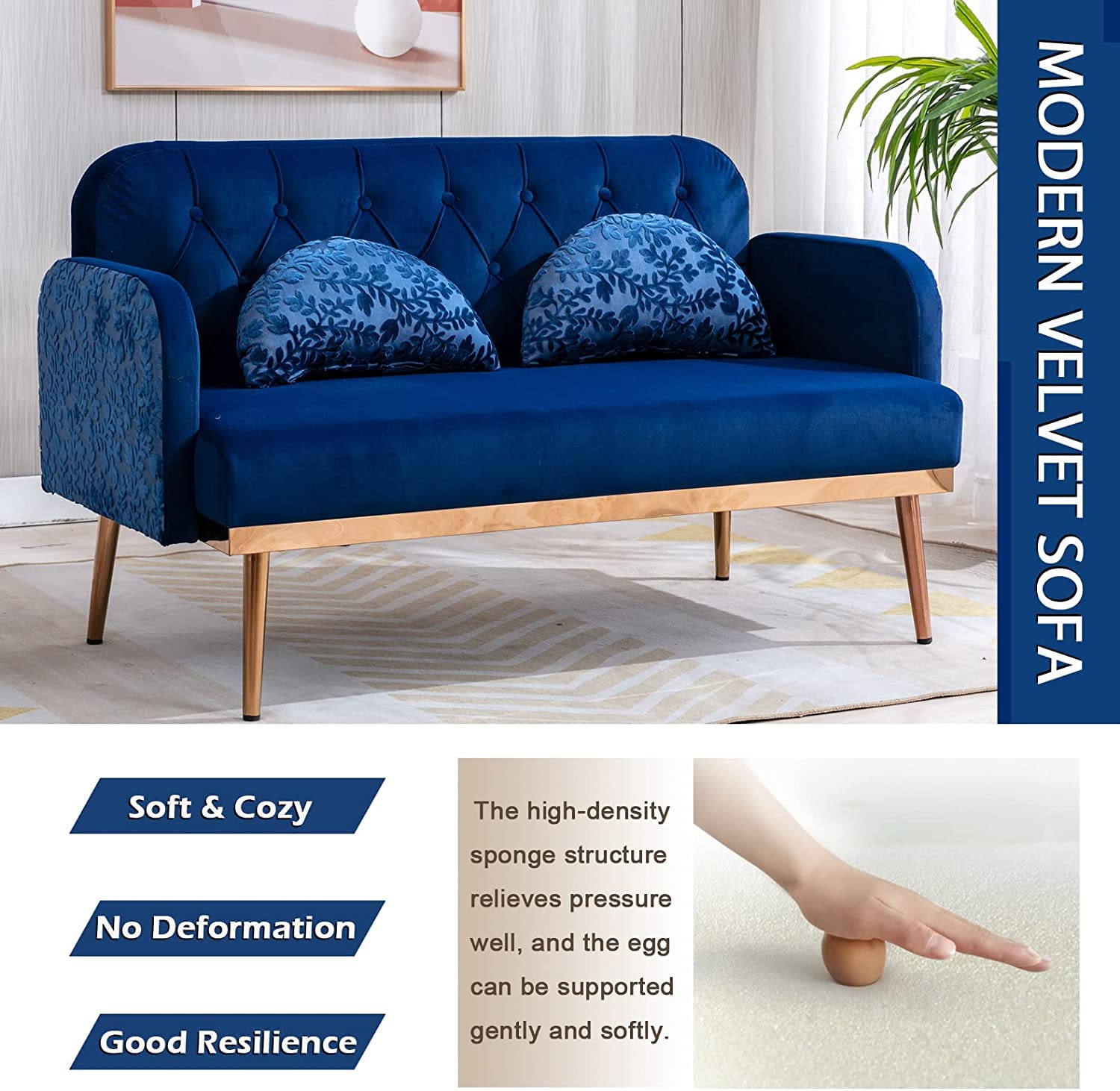 55-Inch Small Velvet Loveseat Sofa with Golden Metal Legs & Tufted Backrest - Modern Twin Size Accent Couch with 2 Elegant Moon Shape Pillows - Navy Blue Velvet Sofa for Living Room, Bedroom or Office Lounge