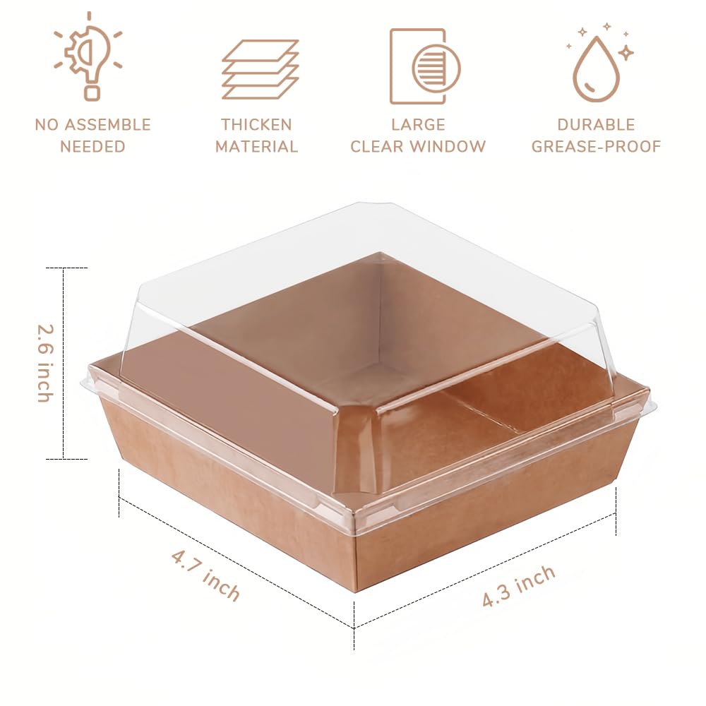 BBJ WRAPS 50-Pack Brown Disposable Sandwich Bakery Boxes with Clear Lids - Perfect for Charcuterie, Donuts, Desserts & Food To-Go Packaging | Ideal for Catering, Parties, Cafes & Food Trucks