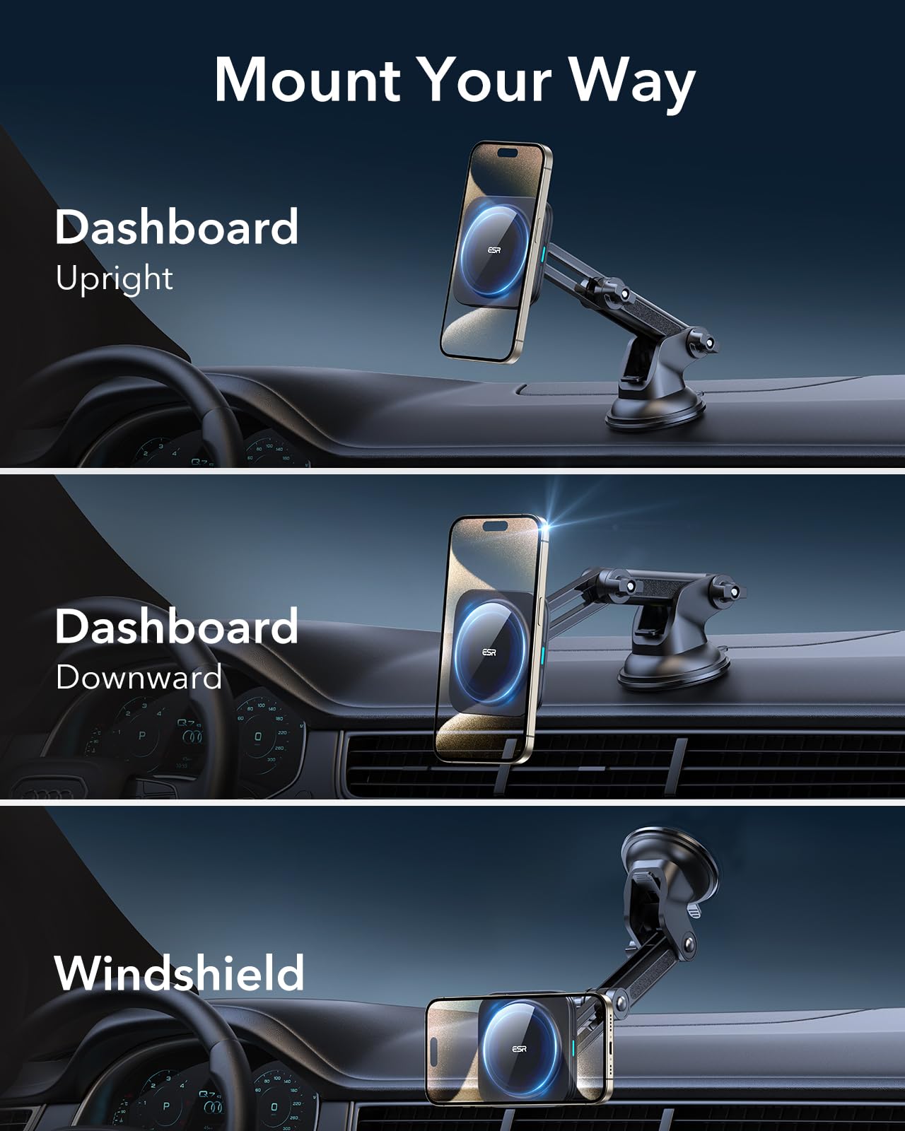 ESR MagSafe Car Mount Charger - Magnetic Wireless Phone Holder for iPhone 16/15/14/13/12 & Samsung S25 | 360° Rotation Dashboard/Windshield Mount | Fast Charging | Perfect for Commuting, Road Trips & Hands-Free Navigation