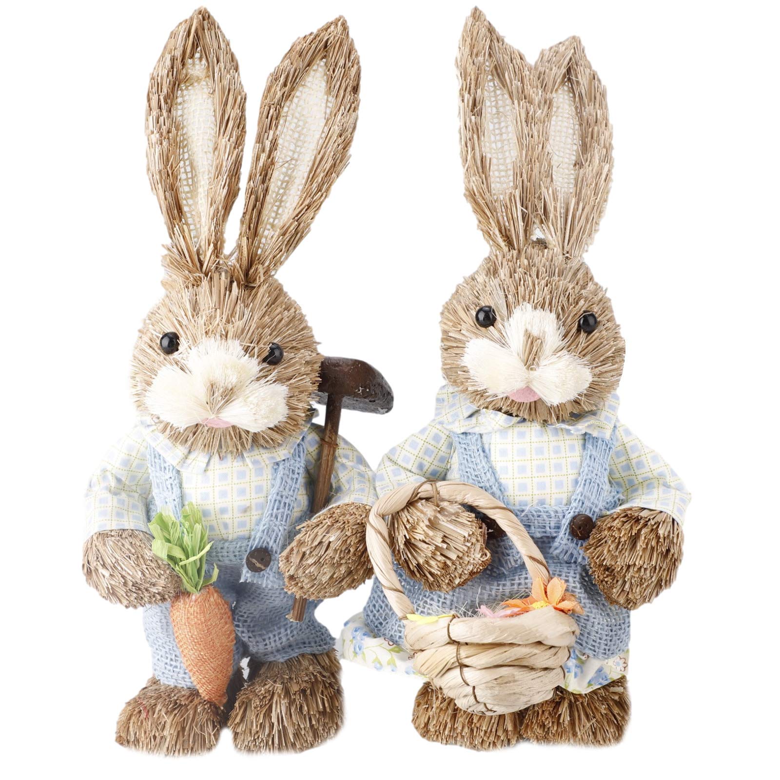 Easter Bunny Figurines Set of 2 - Handwoven Straw Rabbit Decor with Carrot & Basket - 13.39