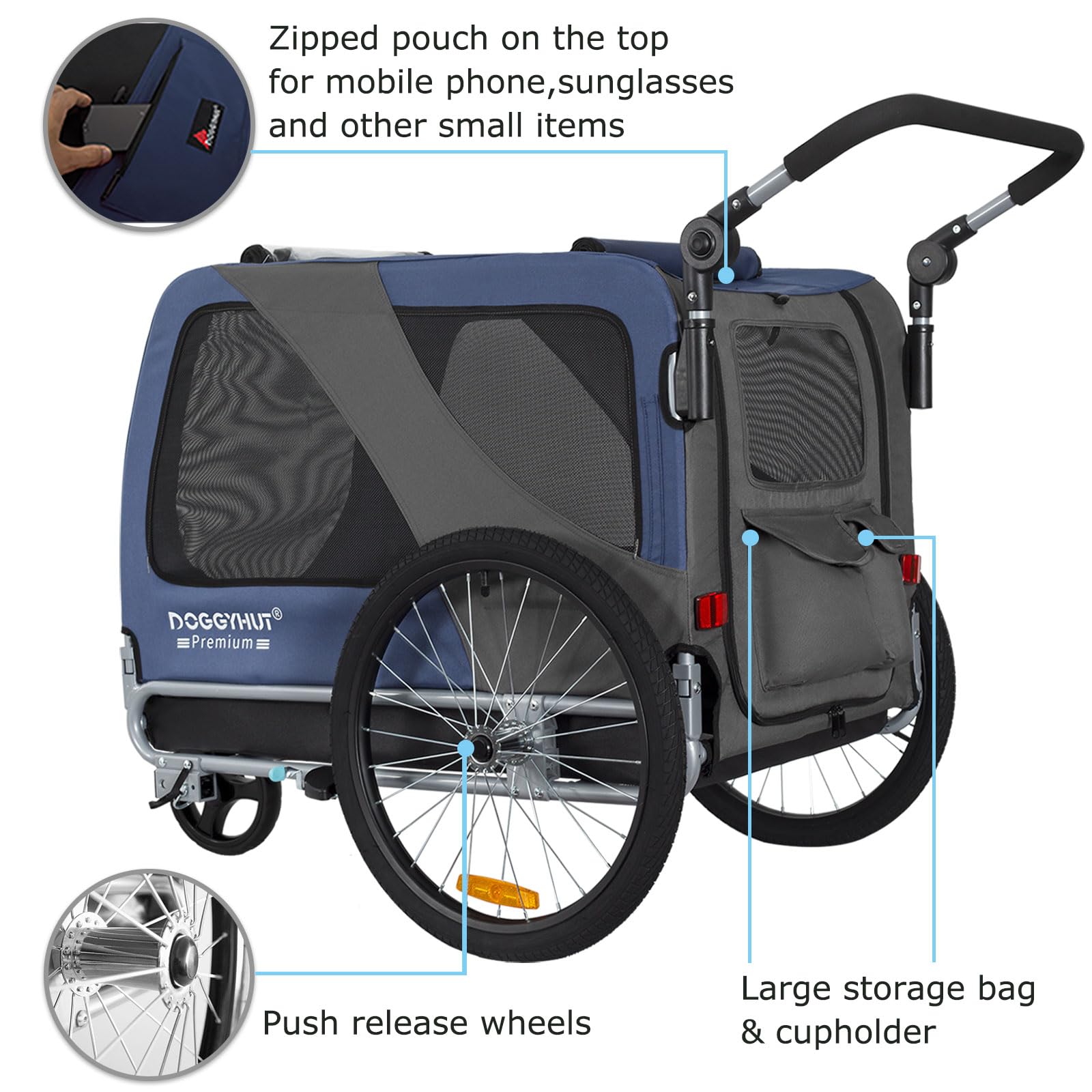 DOGGYHUT® Premium Large/XL Pet Bike Trailer & Stroller for Big Dogs or Multiple Small Dogs - Low Center Gravity, Parking Brakes, Easy Fold Frame - Perfect for Cycling, Jogging & Outdoor Adventures