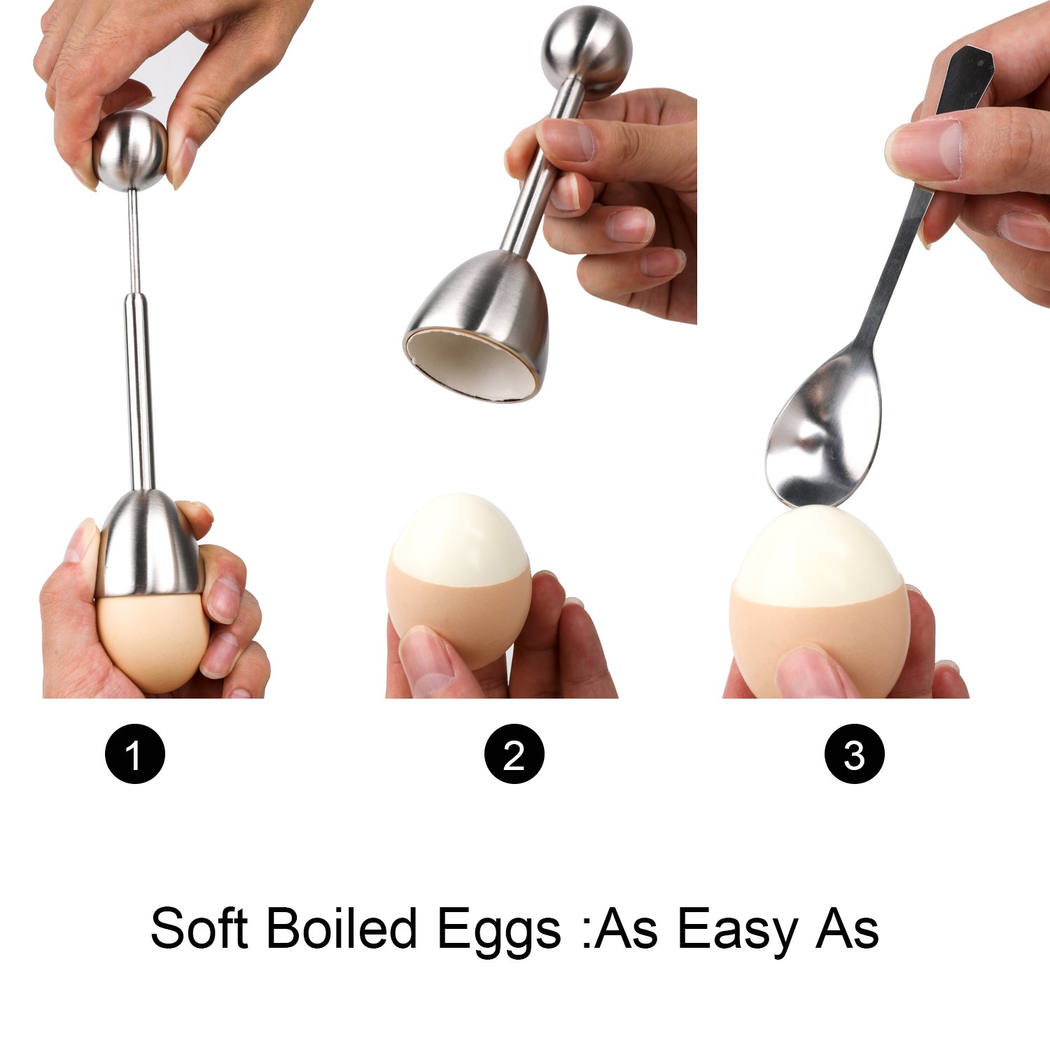 Stainless Steel Egg Cutter Topper Set - Soft/Hard Boiled Egg Cracker with 2 Cups, 2 Spoons & Shell Separator - Perfect for Breakfast Meal Prep, Salad Topping & Kitchen Cooking Tools