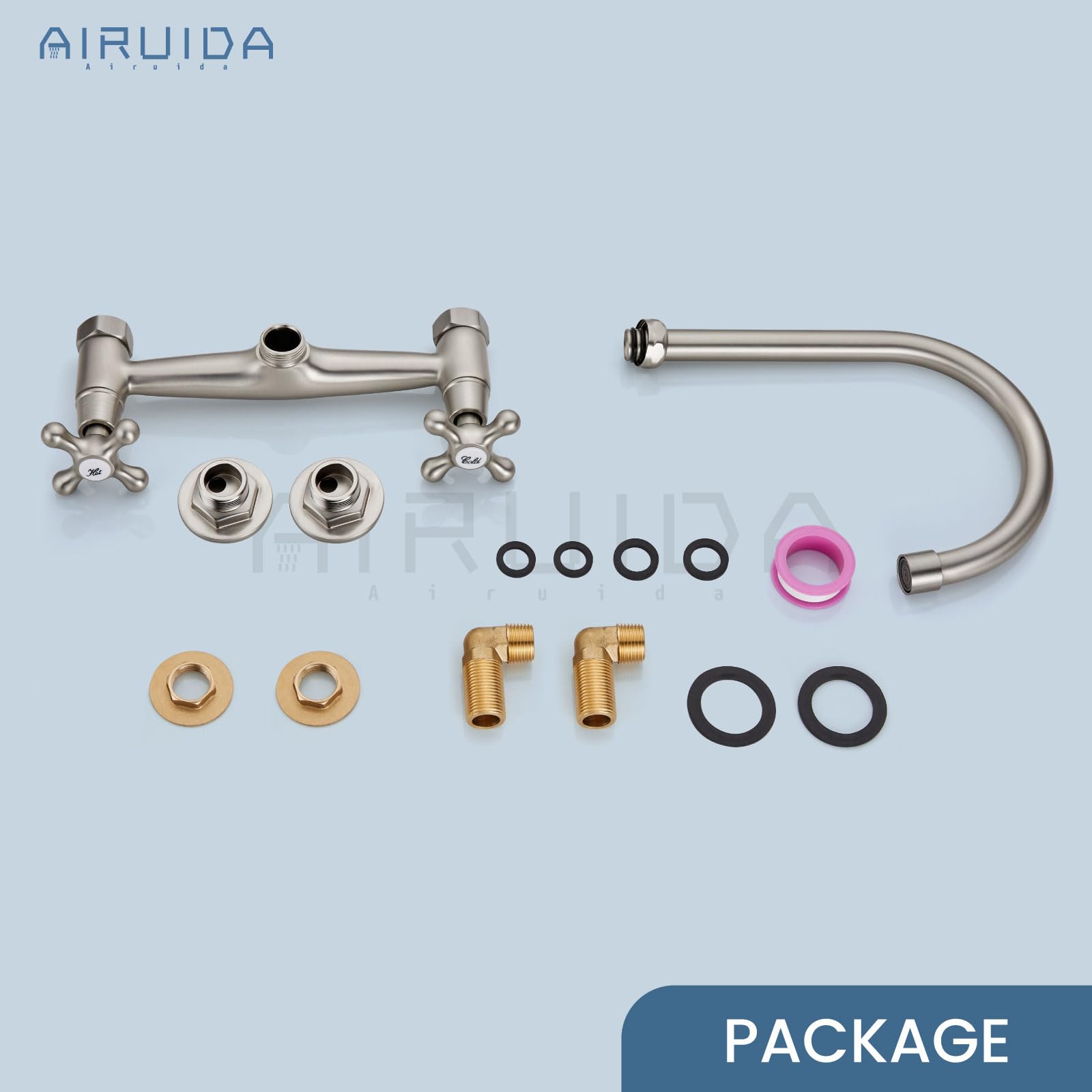 Airuida 8-inch Brushed Nickel Wall Mount Kitchen Faucet - Commercial Sink Faucet with 360° Swivel Spout & Dual Handles for Utility, Laundry, Restaurant Sinks | Durable & Stylish for Heavy-Duty Use in Commercial Kitchens, Washrooms & Food Service Areas