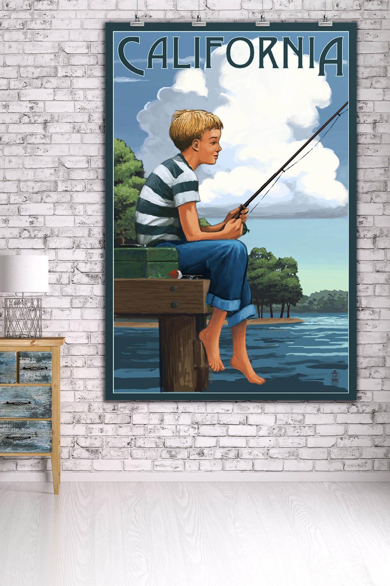 California Boy Fishing Art Print - 36x54 Giclee Gallery Quality Travel Poster for Wall Decor | Perfect for Beach House, Cabin & Coastal Themed Rooms