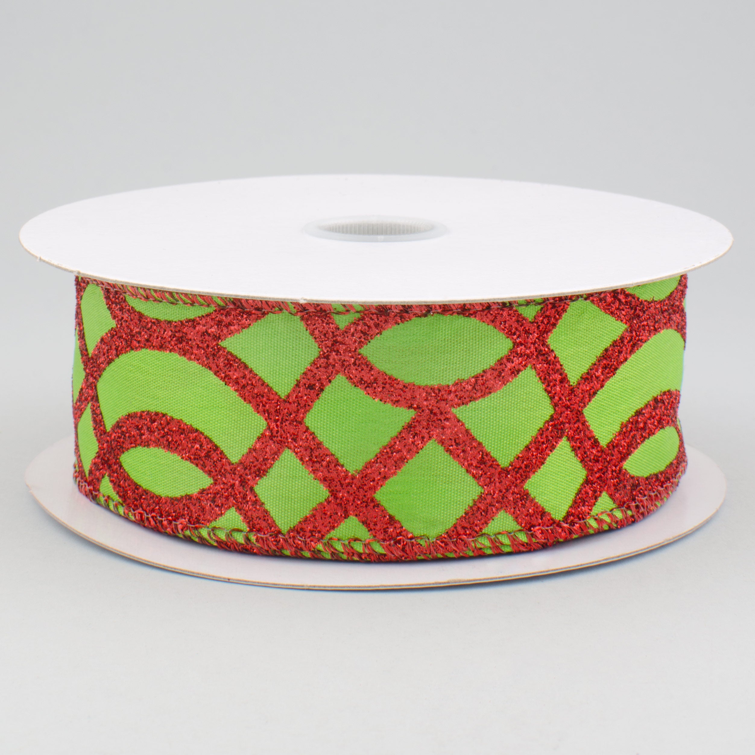 1.5 Inch Lime Green & Red Glitter Lattice Ribbon - 10 Yards Bulk Roll for Gift Wrapping, Party Decorations, DIY Crafts and Scrapbooking