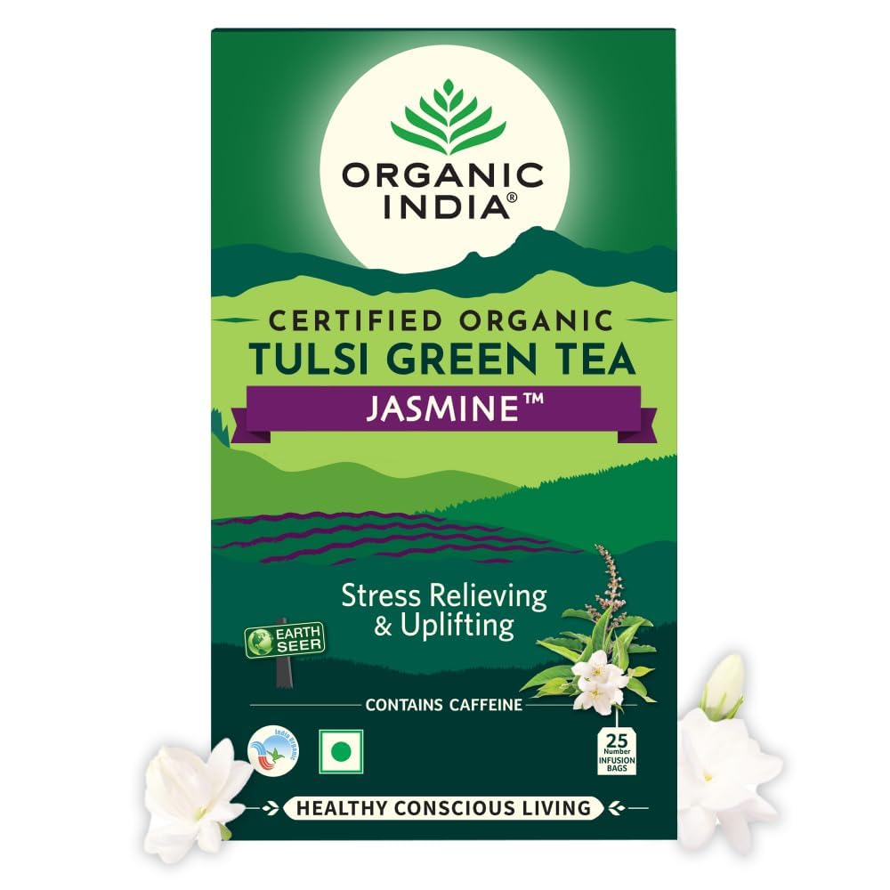 ORGANIC INDIA Tulsi Green Jasmine Tea - 25 Herbal Tea Bags | USDA Organic, Caffeine-Free | Perfect for Relaxation, Meditation & Stress Relief