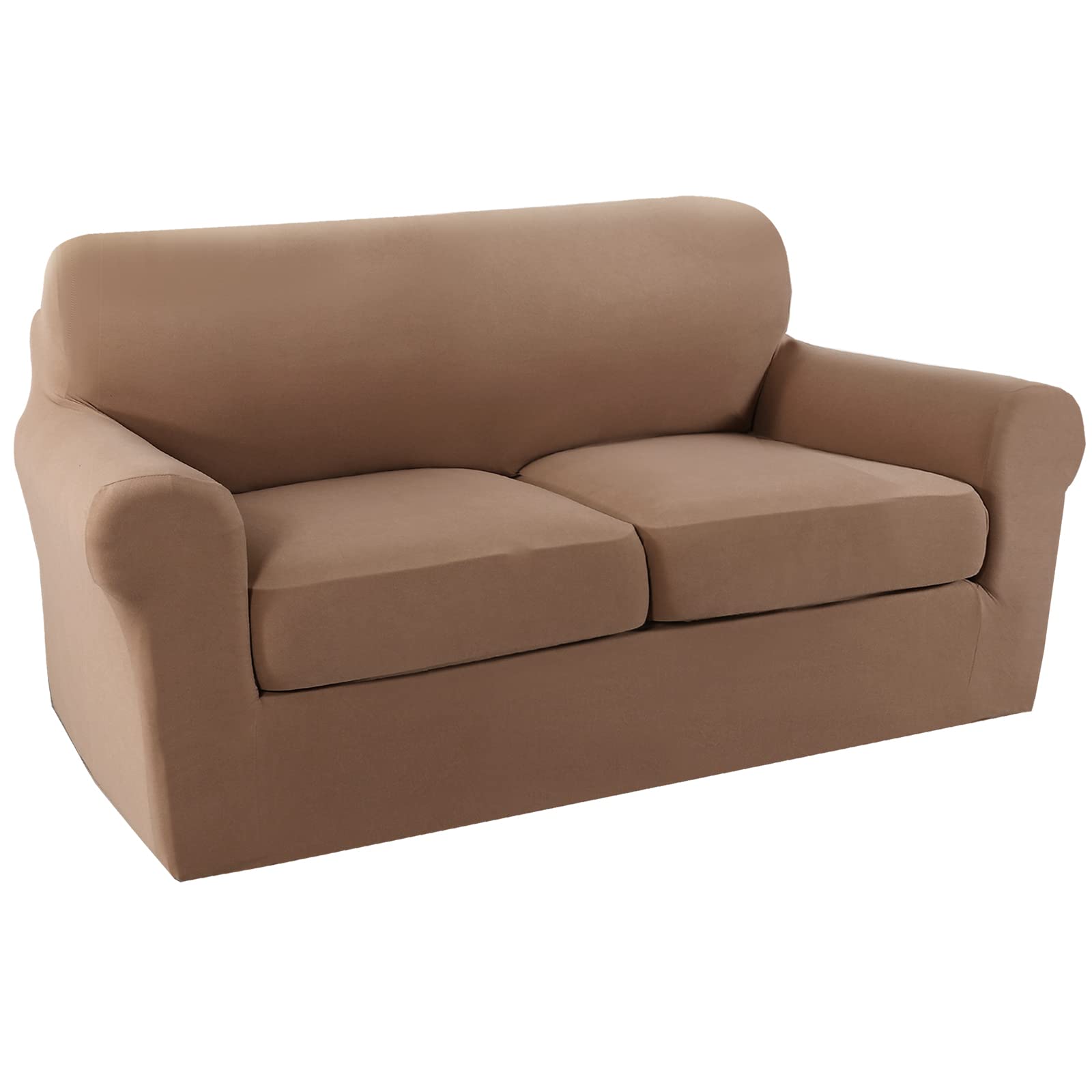 PrinceDeco Stretch 3-Piece Sofa Cover Set - Soft Couch Slipcover for 2-Cushion Couches, Machine Washable, Camel Brown, Medium Size - Perfect for Living Room, Family Room & Home Decor Protection
