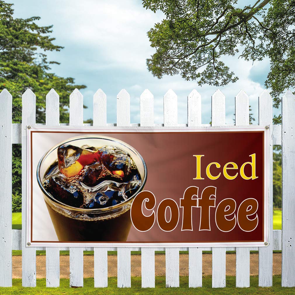 Durable Vinyl Banner for Iced Coffee Shop, Restaurant & Cafe - Weatherproof Outdoor Sign with 4 Grommets (16x40 Inches, Brown) - Perfect for Business Advertising, Yard Sales & Industrial Use
