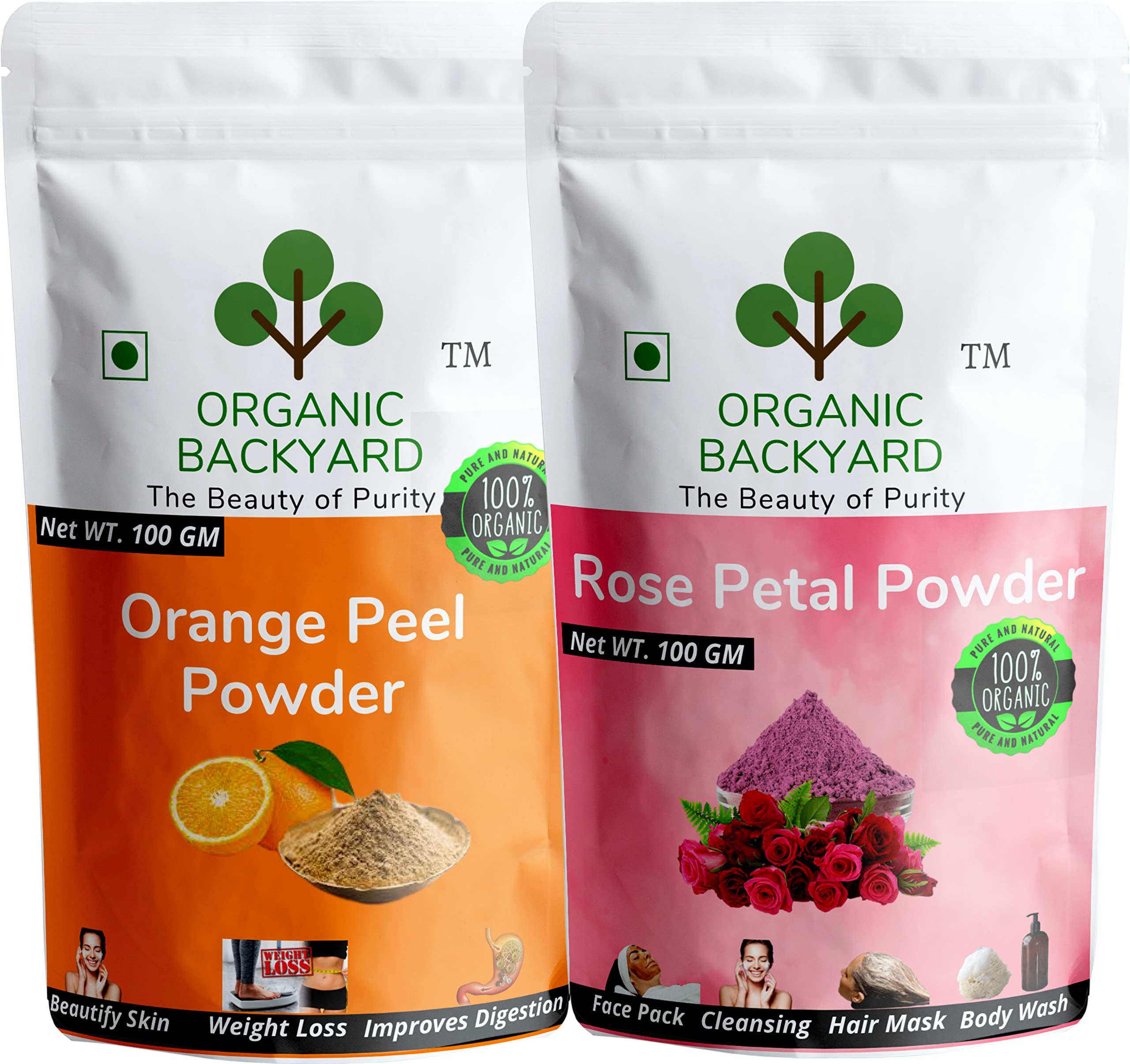 Organic Backyard 100% Natural Orange Peel Powder & Rose Petal Powder Combo - 100g Each for Glowing Skin, DIY Face Masks & Natural Beauty Treatments - Perfect for Homemade Skincare & Spa Days
