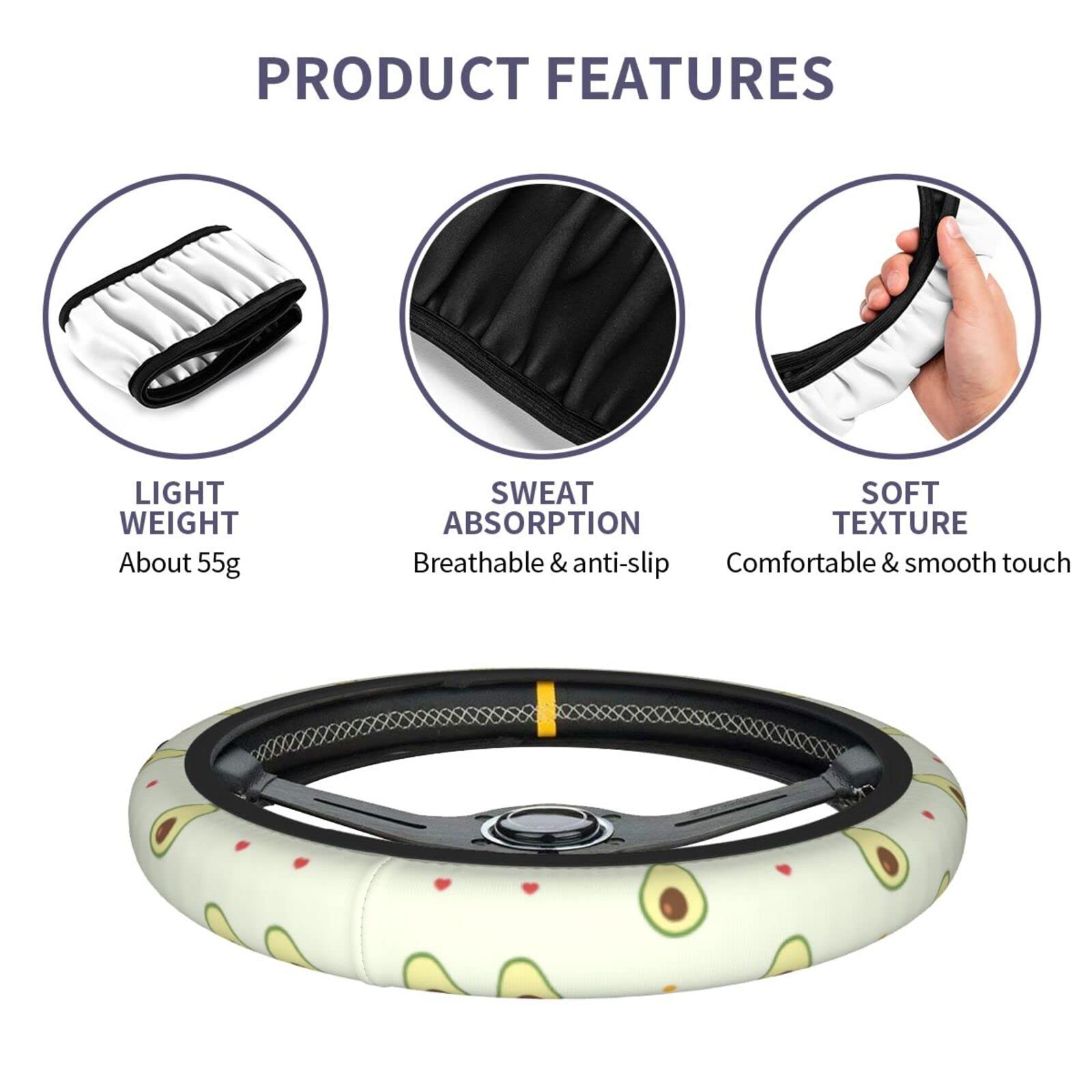 15 Inch Universal Avocado Print Neoprene Steering Wheel Cover - Cute Car Wheel Protector for Women & Teens | Perfect for Summer Road Trips, Commuting & Gift Giving