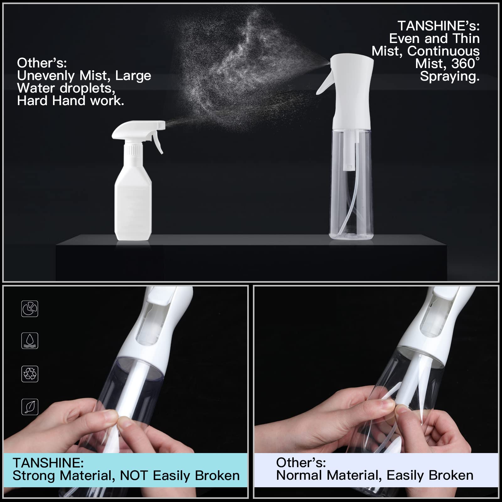 TANSHINE 300ML Continuous Spray Bottle - Fine Misting Water Sprayer for Hair Styling, Plant Care, Cleaning & Skin Hydration | Perfect for Curly Hair, Indoor Plants, Face Mist & Home Cleaning (Transparent)