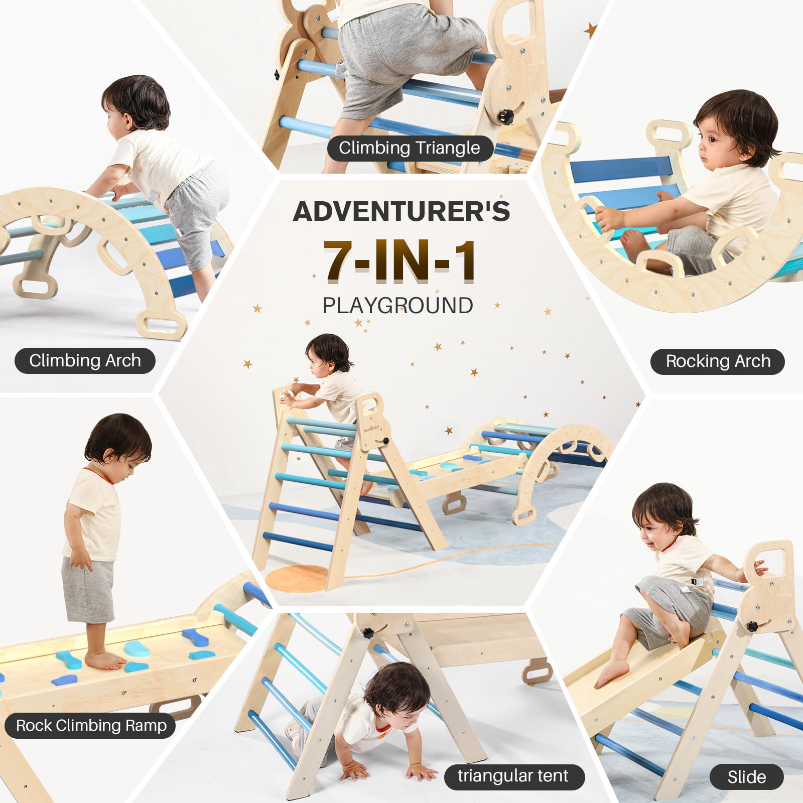 BlueWood Pikler Triangle Set 7-in-1 Foldable Baby Climbing Gym with Arch, Ramp & Ladder - Montessori Wooden Toys for Toddlers 1-3 Years - Indoor Play Equipment for Home, Nursery & Daycare - Sky Blue