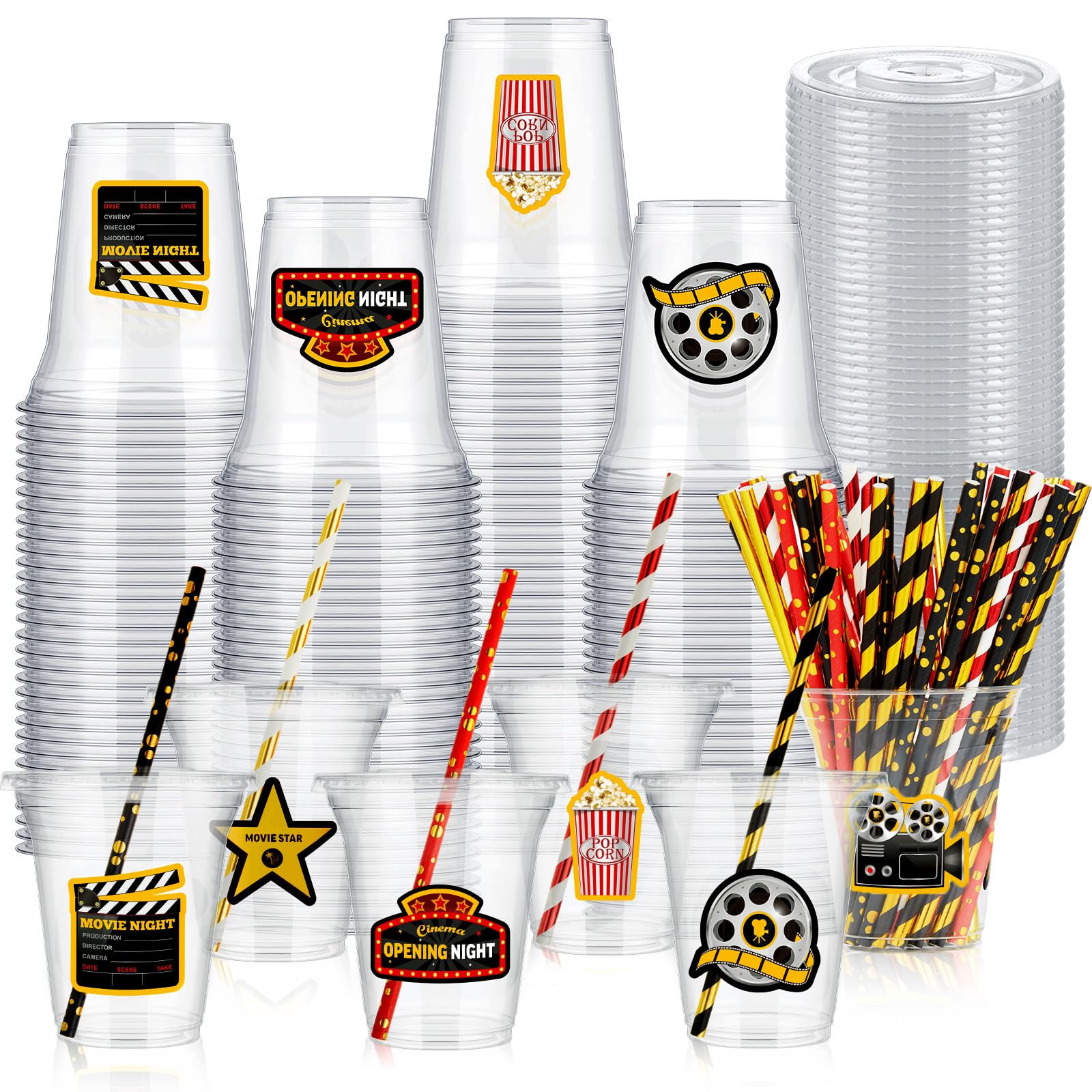 60 Pcs 14oz Clear Plastic Cups with Lids & Straws - Disposable Movie Night Party Supplies for Home Theater, Outdoor Cinema, Birthday Favors and Family Gatherings