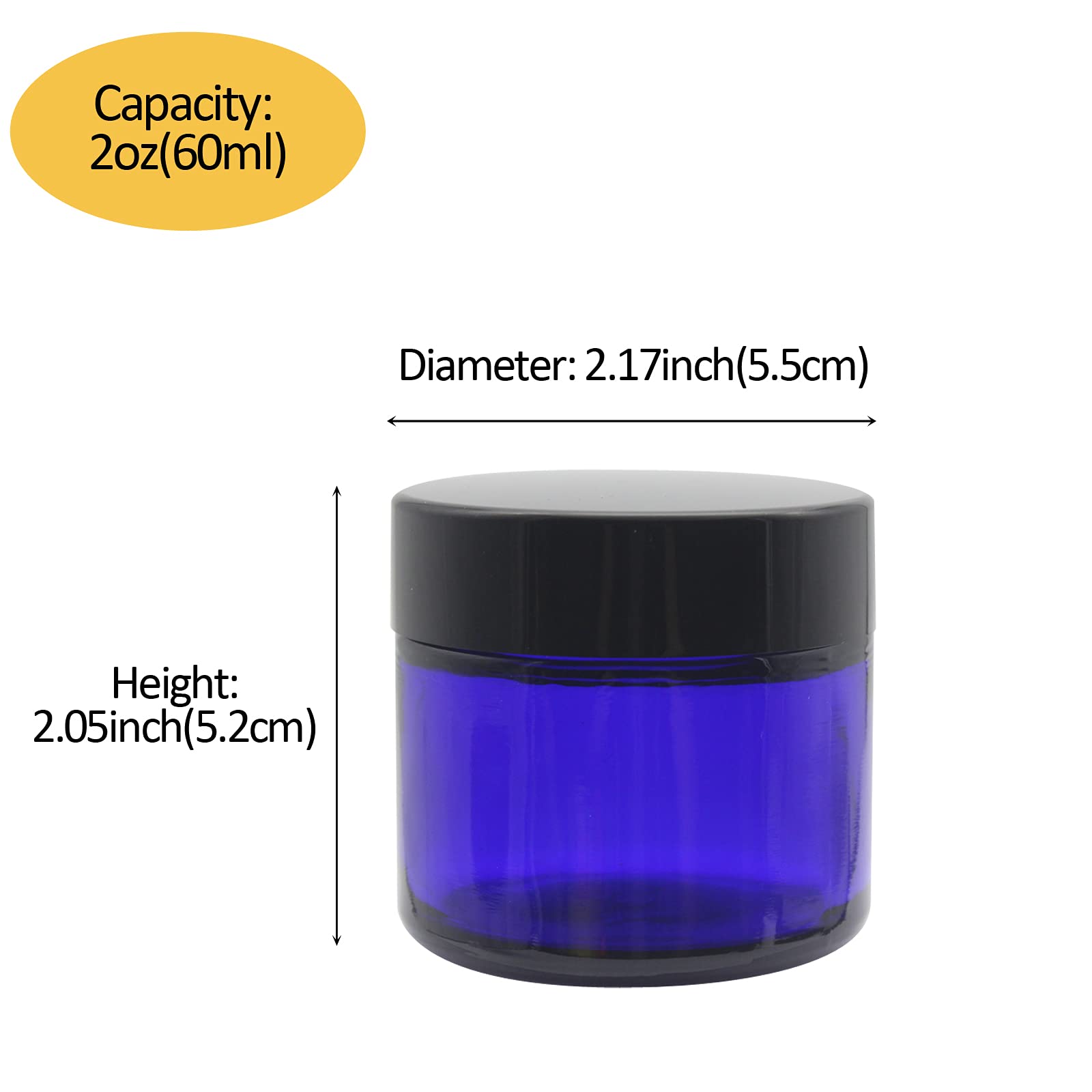 24 Pack 2 oz Round Blue Glass Cosmetic Jars with Inner Liners & Black Lids | Travel-Friendly Refillable Containers for Makeup, Cream, Lotion, Sugar Scrubs | Perfect for DIY Beauty, Skincare, Crafts & Jewelry Storage | Ideal for Home, Salon & Travel Use
