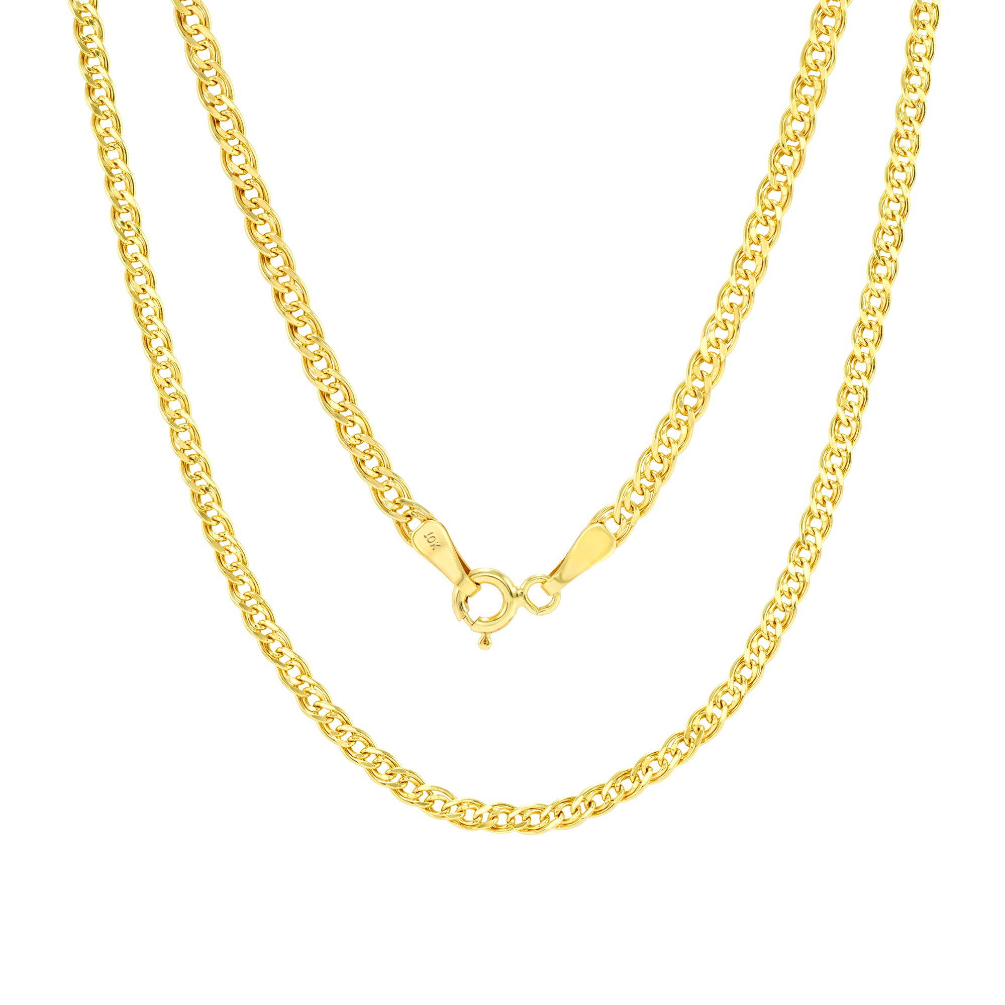 10K Yellow Gold 3mm Double Cuban Curb Link Chain Necklace for Women & Men - Lobster Clasp - 16