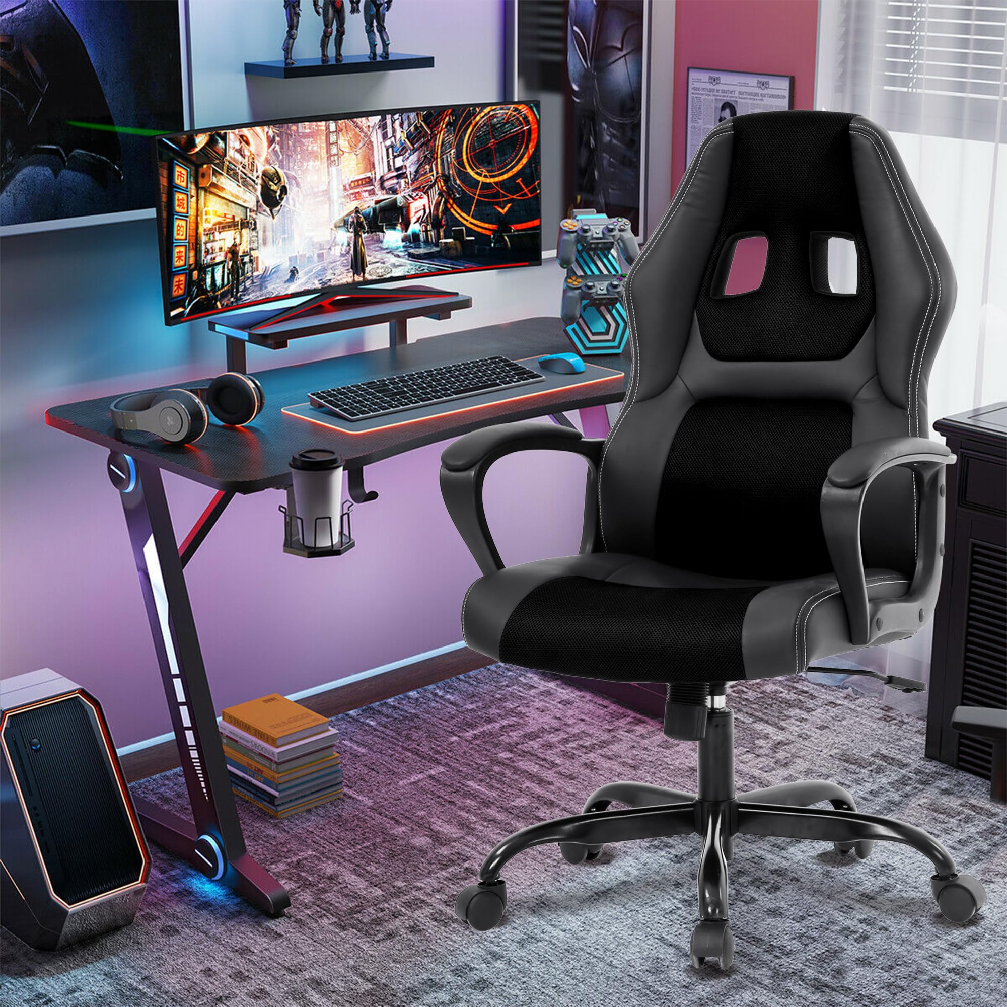 Ergonomic Massage Gaming Chair for Adults - Adjustable Office Desk Chair with Lumbar Support & Armrests - PU Leather Reclining Computer Task Chair - Perfect for Home Office, Gaming Setup & Workstation (Black)