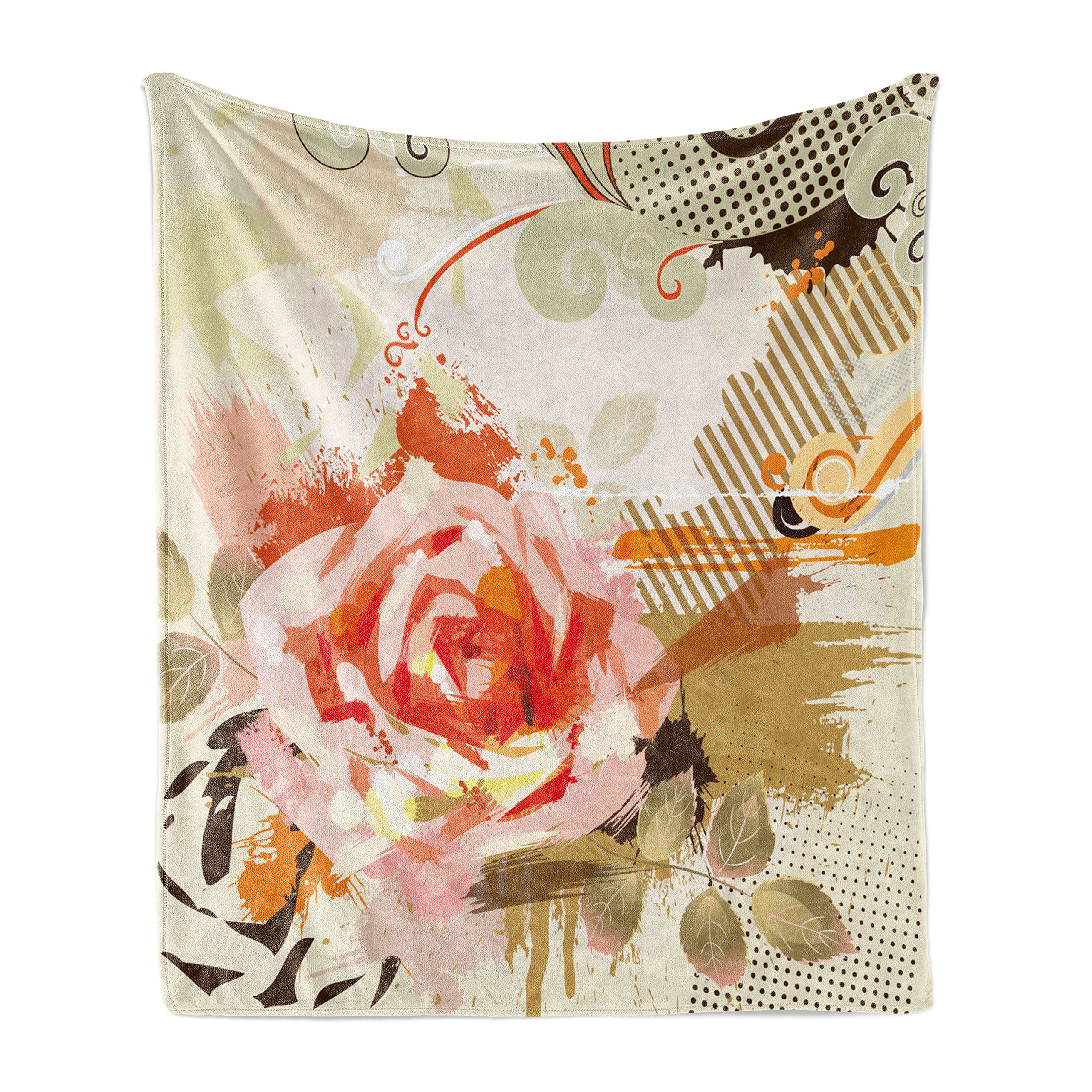 Ambesonne Rose Throw Blanket - Soft Flannel Fleece Blanket with Abstract Grunge Rose & Floral Retro Design, 50