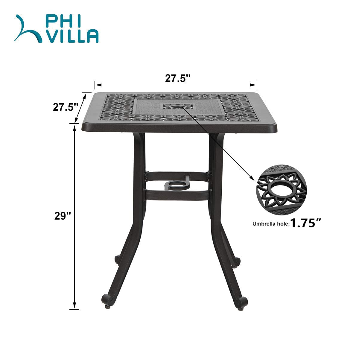 PHI VILLA 27.5 Inch Outdoor Square Bistro Table - Cast Aluminum Patio Side Table with Umbrella Hole for Garden, Backyard, Balcony - Perfect for Coffee, Tea, and Outdoor Dining