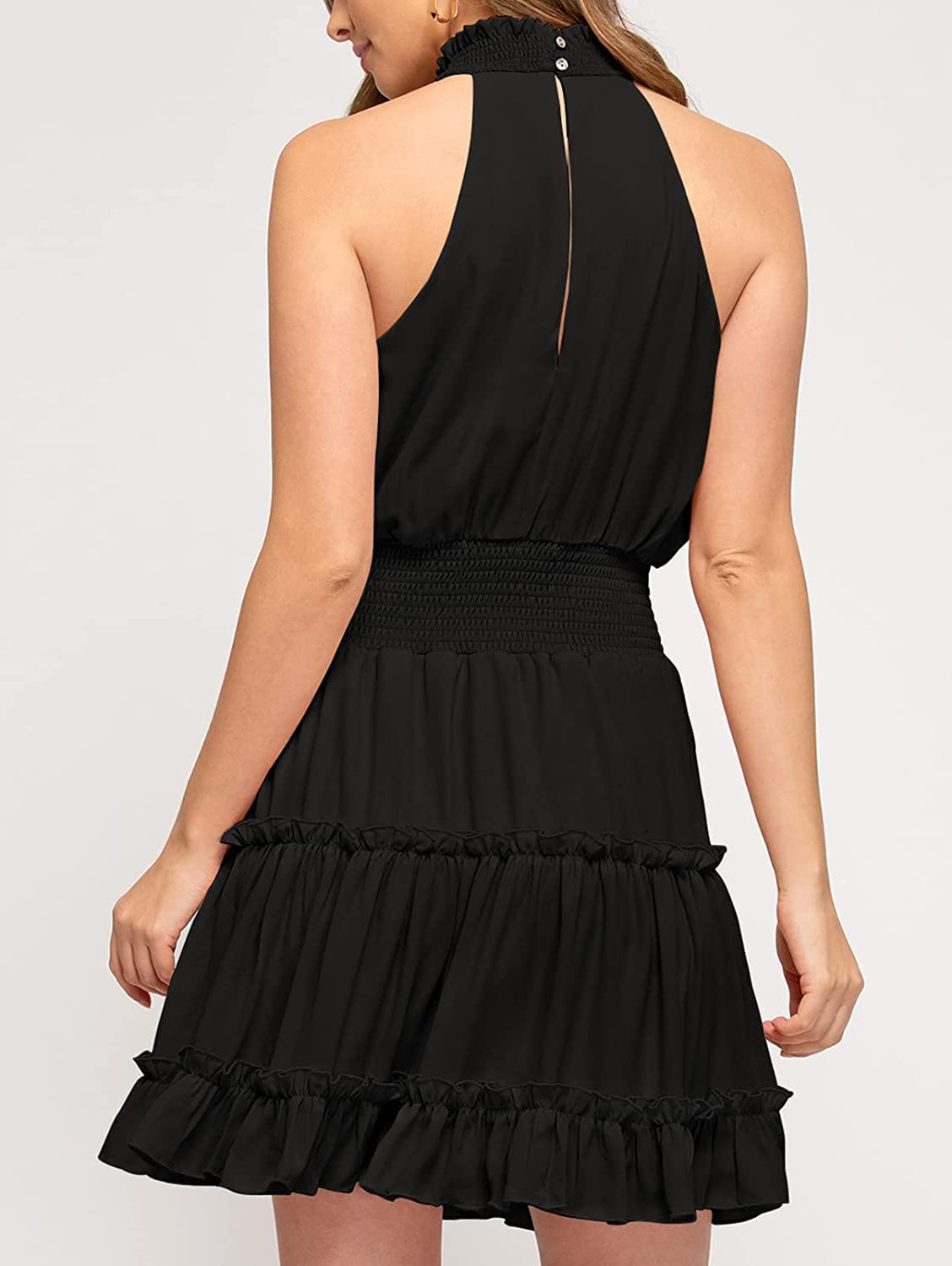 Women's Summer Casual Halter Neck A-Line Dress - Sleeveless Smocked Waist Ruffle Mini Dress for Beach, Party & Vacation Wear