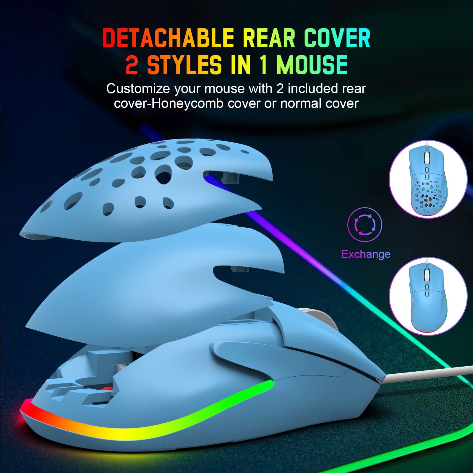 ZIYOU LANG G-PRO D19 RGB Wired Gaming Mouse - 12,000 DPI, Programmable 7 Buttons, Ultra-Light Honeycomb Shell for PC & Laptop - Blue | Perfect for FPS, MOBA & Esports Gaming