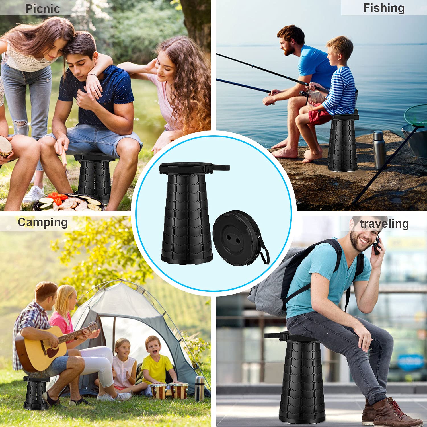 Telescoping Stool - Portable Collapsible Folding Stool with 330 lb Weight Capacity for Camping, Fishing, BBQ, Hiking & Outdoor Activities - Compact Retractable Seat for Travel, Garden, Poolside & Picnics