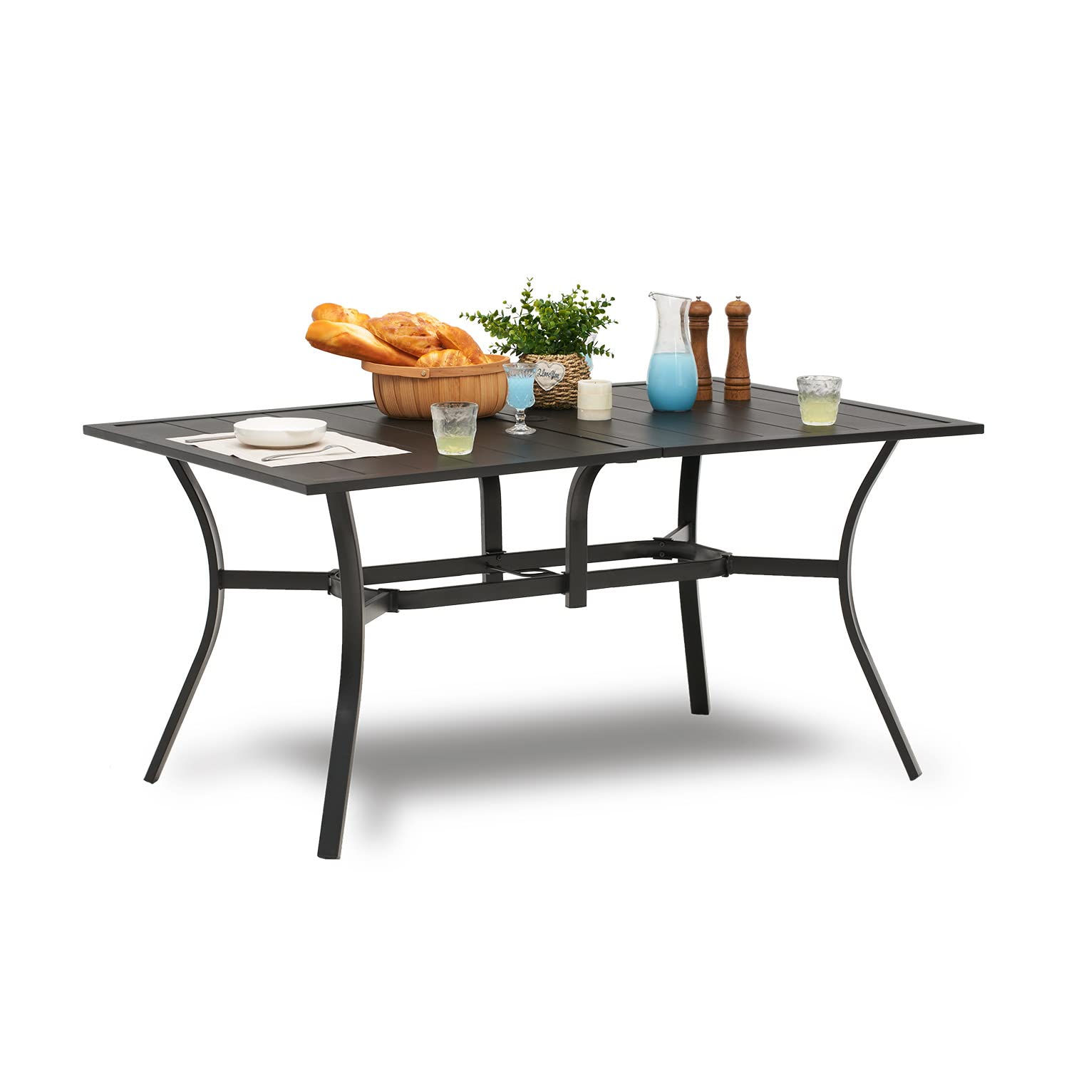 VICLLAX 59x38 Inch Outdoor Patio Dining Table for 6 - Rust-Resistant Metal Slatted Tabletop with Umbrella Hole - Perfect for Backyard, Garden, Deck & Poolside Gatherings