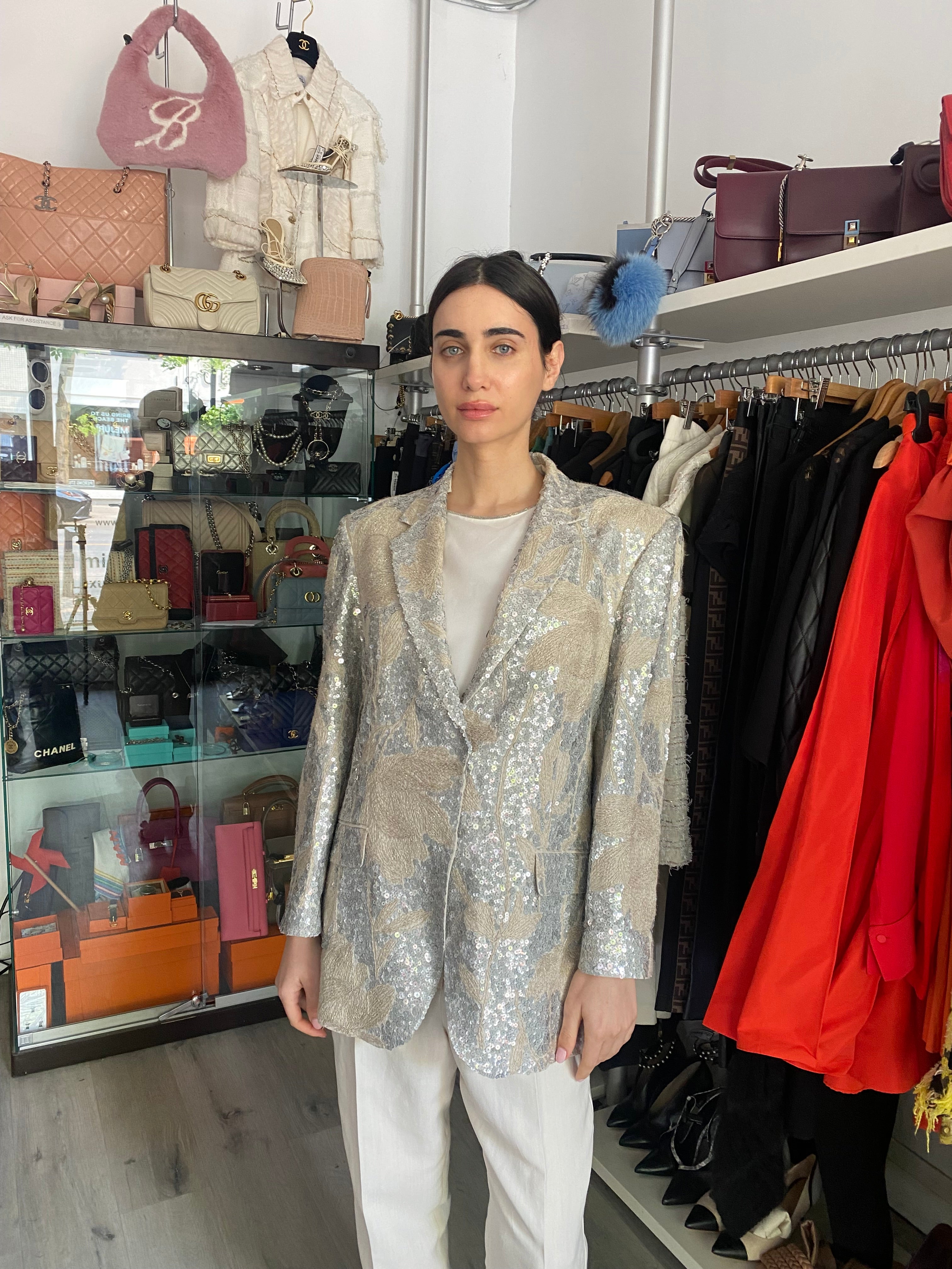 Brunello Cucinelli Grey Blue Sequin Linen Blazer for Women | Size IT 42 / US 6 | Elegant Evening Wear for Parties & Special Occasions