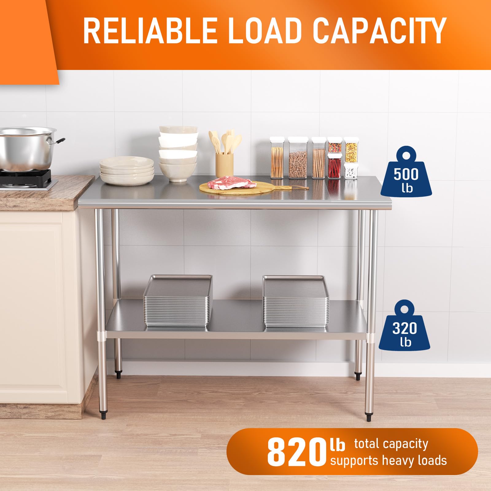 Premium Stainless Steel Work Table 24x48 Inches with Adjustable Shelf - Heavy Duty Commercial Prep Table for Kitchen, Restaurant, Garage, Laundry & Outdoor BBQ - Durable Utility Workstation for Food Prep, DIY Projects & Crafting