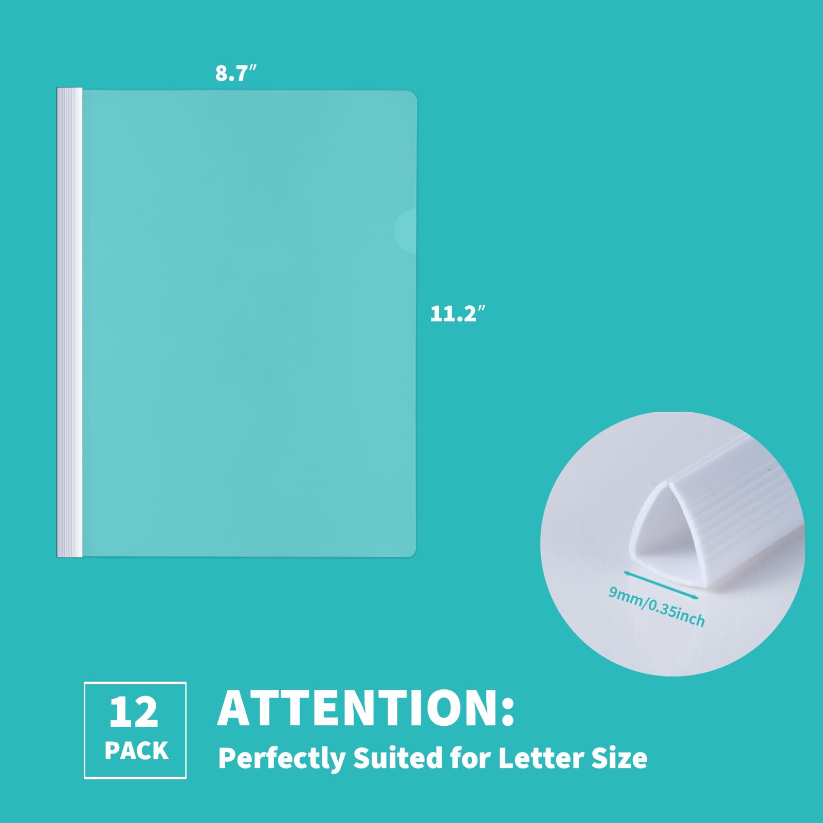 Binditek 12 Pack Clear Report Covers with Sliding Bars - 9mm Sliding Bar File Folders, 70 Sheet Capacity, Letter Size (8.5