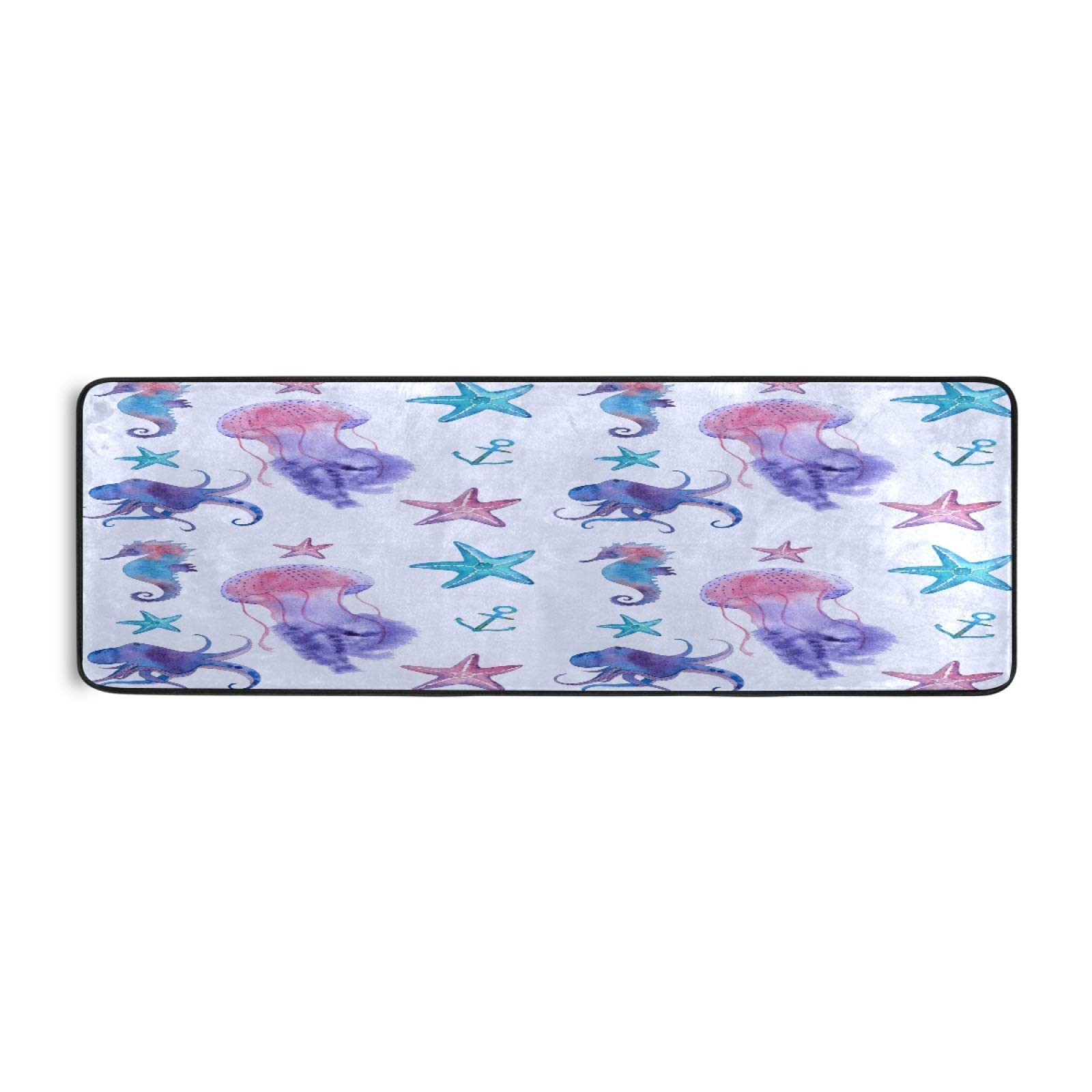 Non-Slip 2'x6' Long Runner Rug with Sea Life Design - Jellyfish, Seahorse, Starfish & Octopus Pattern - Perfect for Hallway, Living Room, Bedroom, Bathroom & Entryway - Soft Indoor Carpet Mat for Home Decor | Great for Beach House, Kids Room & Coastal Themed Spaces