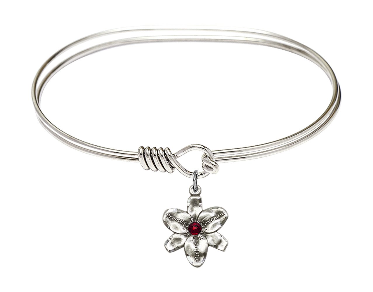 7 Inch Oval Eye Hook Bangle Bracelet with Chastity Medal Charm & January Red Crystal - Elegant Jewelry for Women, Gift for Girlfriend, Valentine's Day Present, Party Accessory