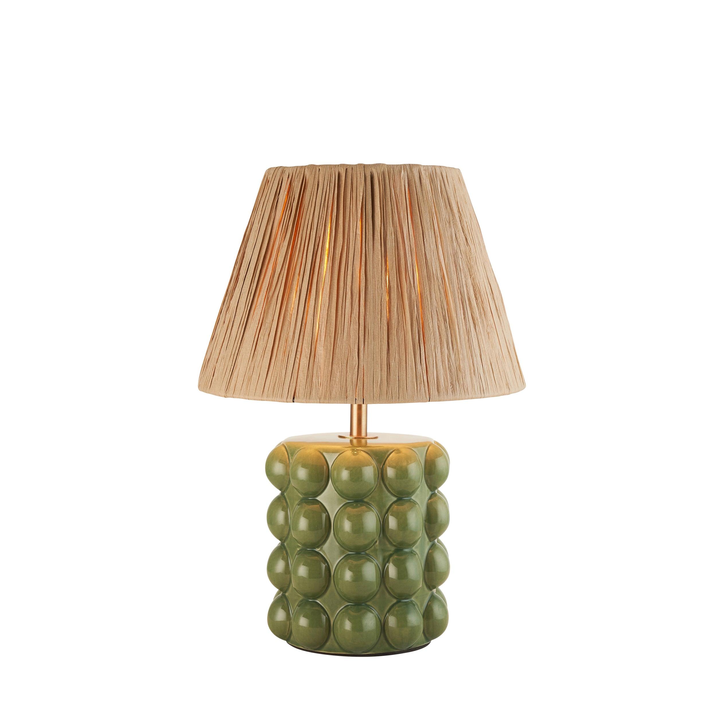 Bobble Green Table Lamp with 24cm Natural Raffia Shade - Modern Home Office Lighting for Bedroom, Living Room & Study