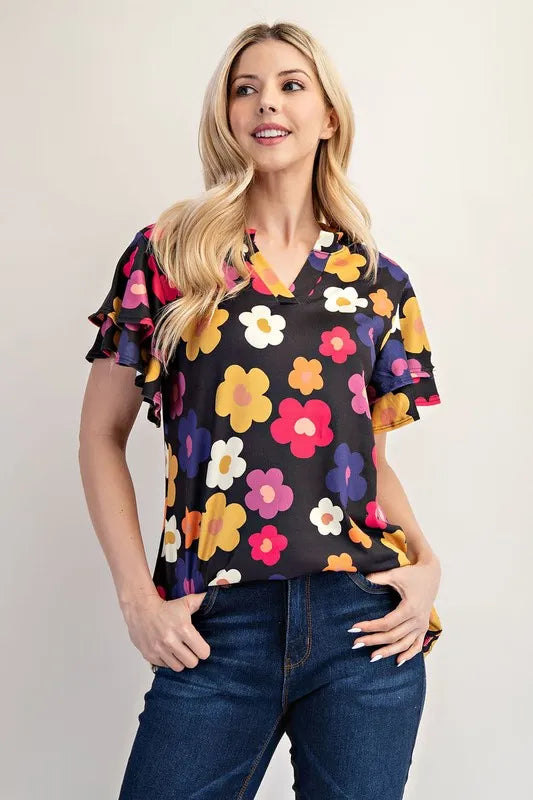 Celeste Bold Floral Print Ruffle Sleeve Blouse for Women | Elegant Party & Date Night Top | Summer Casual & Formal Occasion Wear