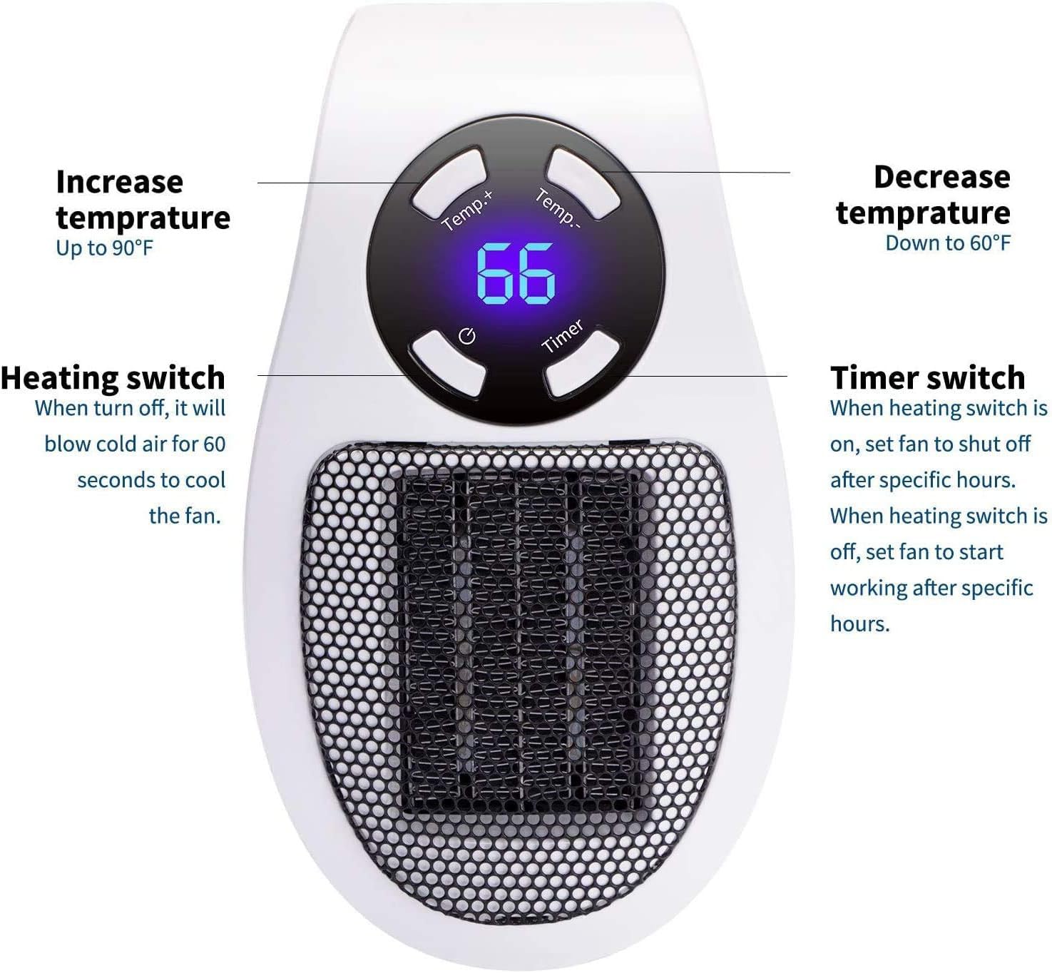 450W Portable Space Heater with Remote Control - Adjustable Thermostat, Timer & LED Display - Compact Electric Heater for Office, Dorm Room, Bedroom - Fast Heating for Winter & Energy Saving Use