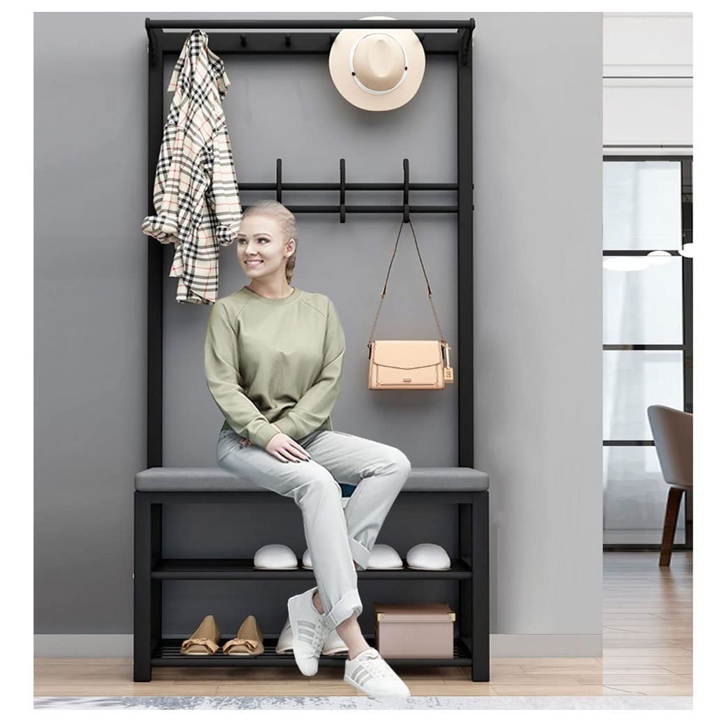 Modern 3-in-1 Entryway Hall Tree Coat Rack with Shoe Storage & Seat Bench - 9 Hooks, Hanging Bars & Cushion - Sturdy Metal Frame for Living Room, Bedroom, Foyer (Black, 60x33x170cm) - Perfect for Organizing Coats, Shoes & Accessories in Small Spaces