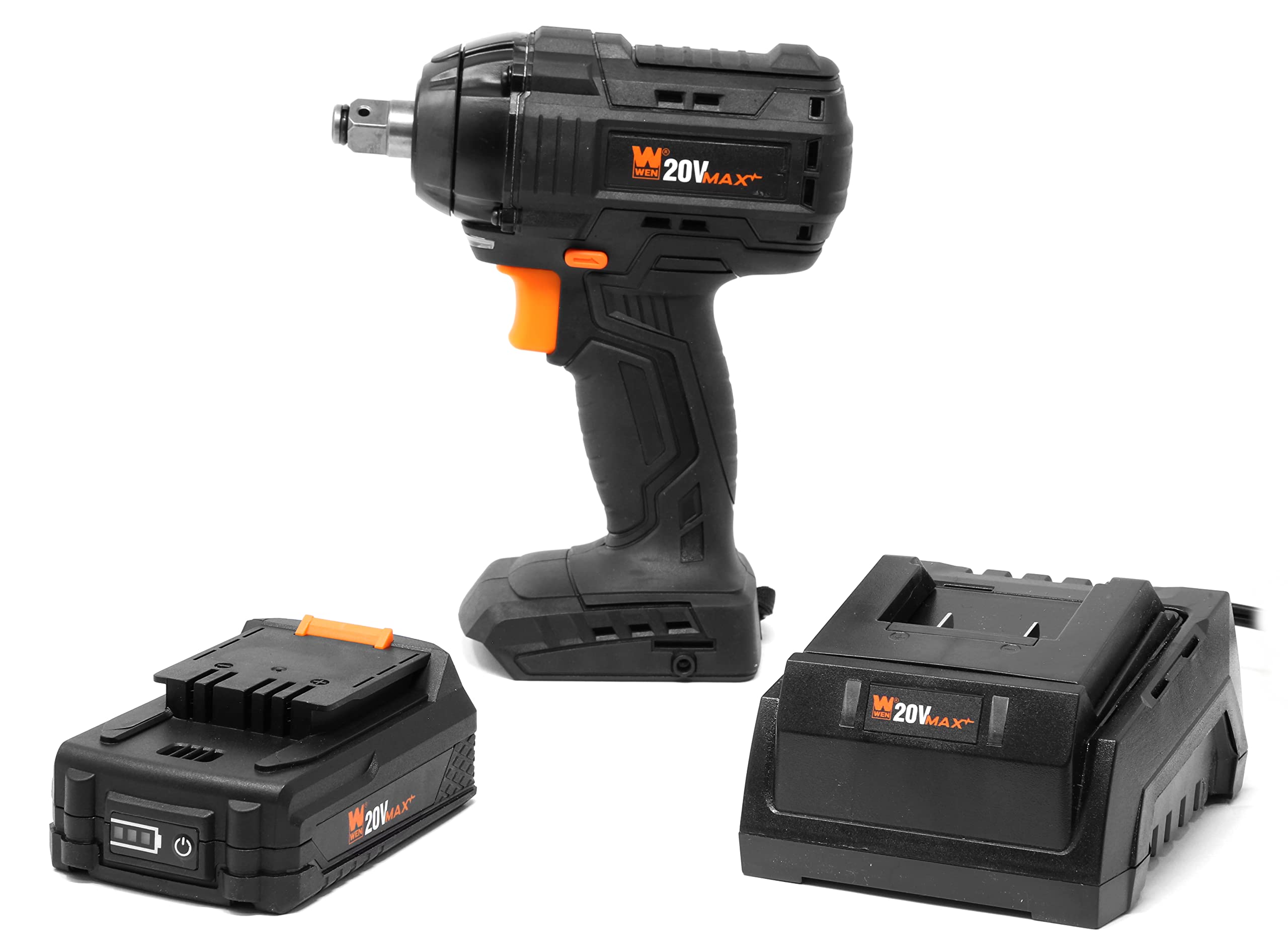 WEN 20V Max Brushless Cordless Impact Wrench Kit with 2.0Ah Lithium-Ion Battery & Fast Charger (20107) - Perfect for Automotive Repairs, DIY Projects & Construction Work