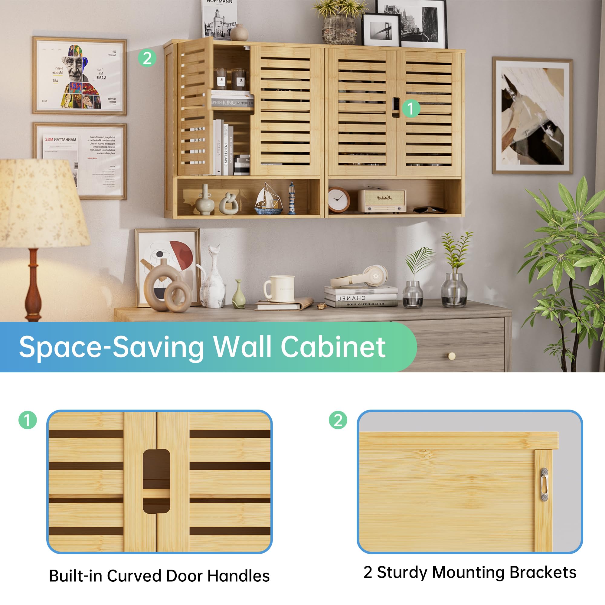 SMIBUY Wall Mounted Bamboo Bathroom Cabinet - Over The Toilet Storage Organizer with 2 Doors & Adjustable Shelves - Space Saving Medicine Cabinet (Natural) - Perfect for Small Bathrooms, Apartments & Vanity Organization