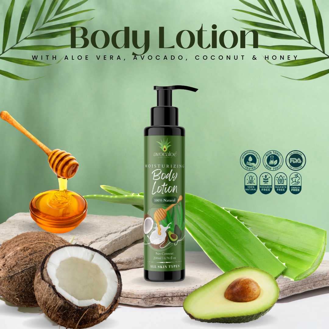 Avocaloe Moisturizing Body Lotion with 100% Natural Ingredients - Avocado, Aloe Vera, Coconut & Honey | 200ml | Hydrating & Nourishing for Dry Skin - Perfect for Daily Use & After Shower Care