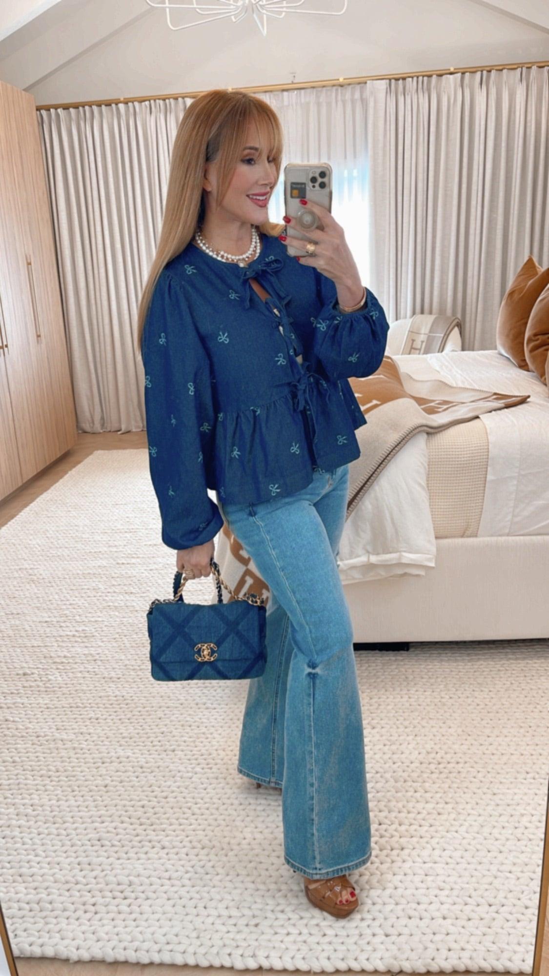 Lara Women's Bow Print Denim Blouse with Bow Tie - Stylish Casual Shirt for Office, Date Night & Spring Outfits