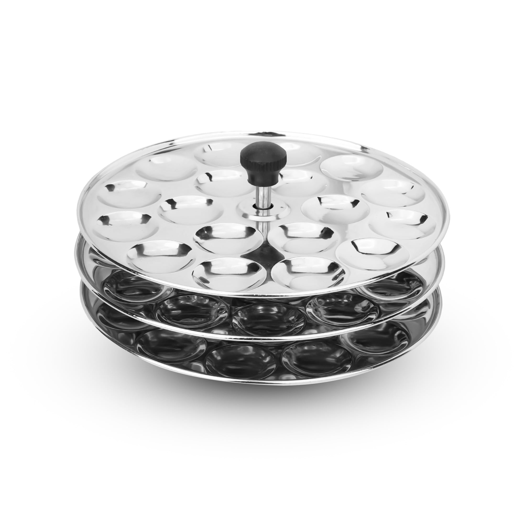USHA SHRIRAM Stainless Steel Mini Idli Plates with Removable Bakelite Handle - 3 Round Idli Maker Stand for Pressure Cooker | Perfect for South Indian Breakfast, Homemade Idli Cooking & Traditional Indian Kitchen Essentials