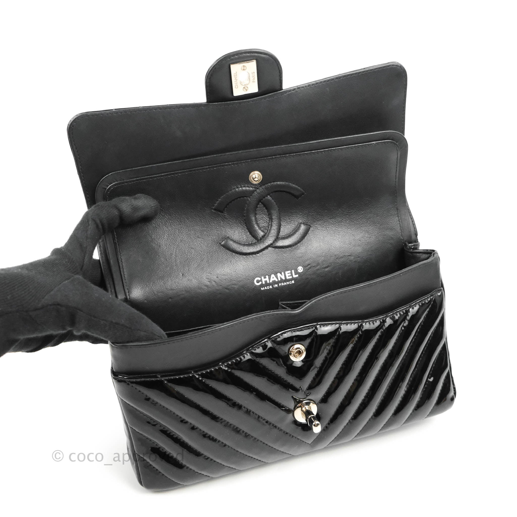 Chanel Classic M/L Medium Chevron Double Flap Bag - Black Patent Leather with Silver Hardware | Luxury Handbag for Women, Perfect for Parties, Work & Evening Events