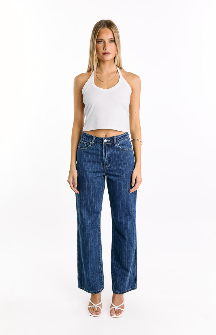 Calliope Pinstripe Mid Wash Mid Rise Slouchy Jeans for Women - Comfortable Relaxed Fit Stretch Denim Pants - Perfect for Casual Outings & Everyday Wear