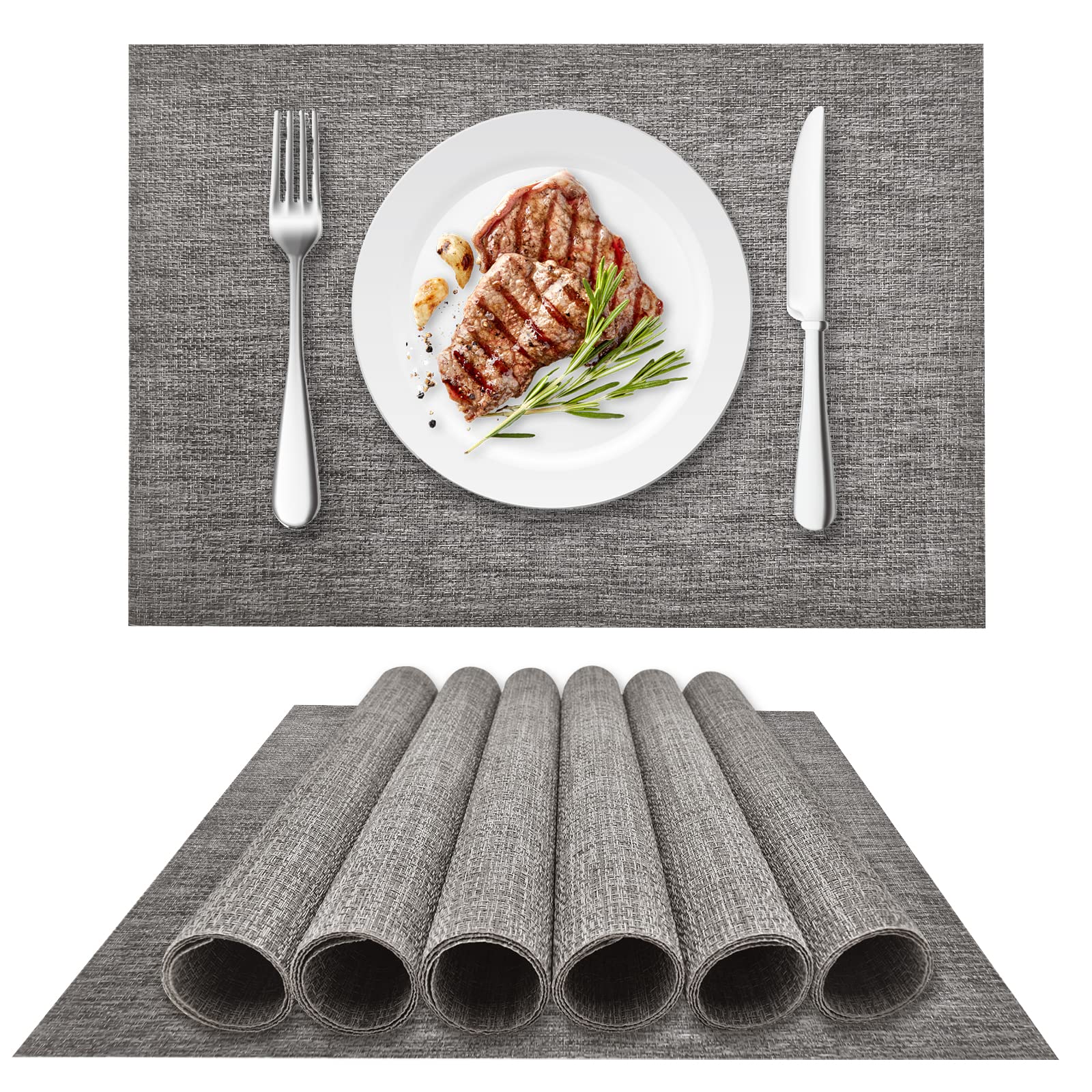 4-Pack Woven Vinyl Placemats for Dining Table - Waterproof & Washable Indoor/Outdoor Placemat Set (Gray) - Perfect for Kitchen, Patio, Picnic & Daily Use