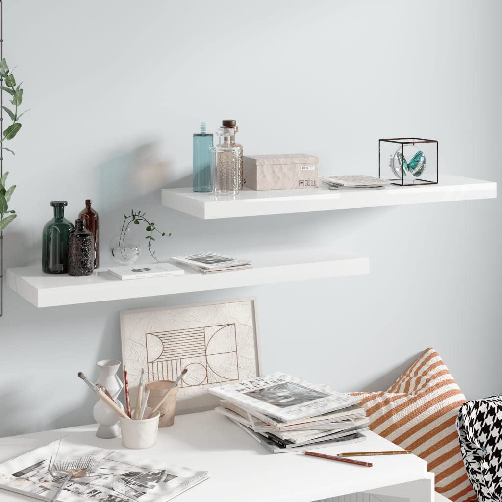 Floating Wall Shelves Set of 2 - Waterproof Bathroom Corner Shelf, Space Saving Wall Mounted Shower Organizer for Bath Essentials, Books & Decor - High Gloss White MDF (31.5