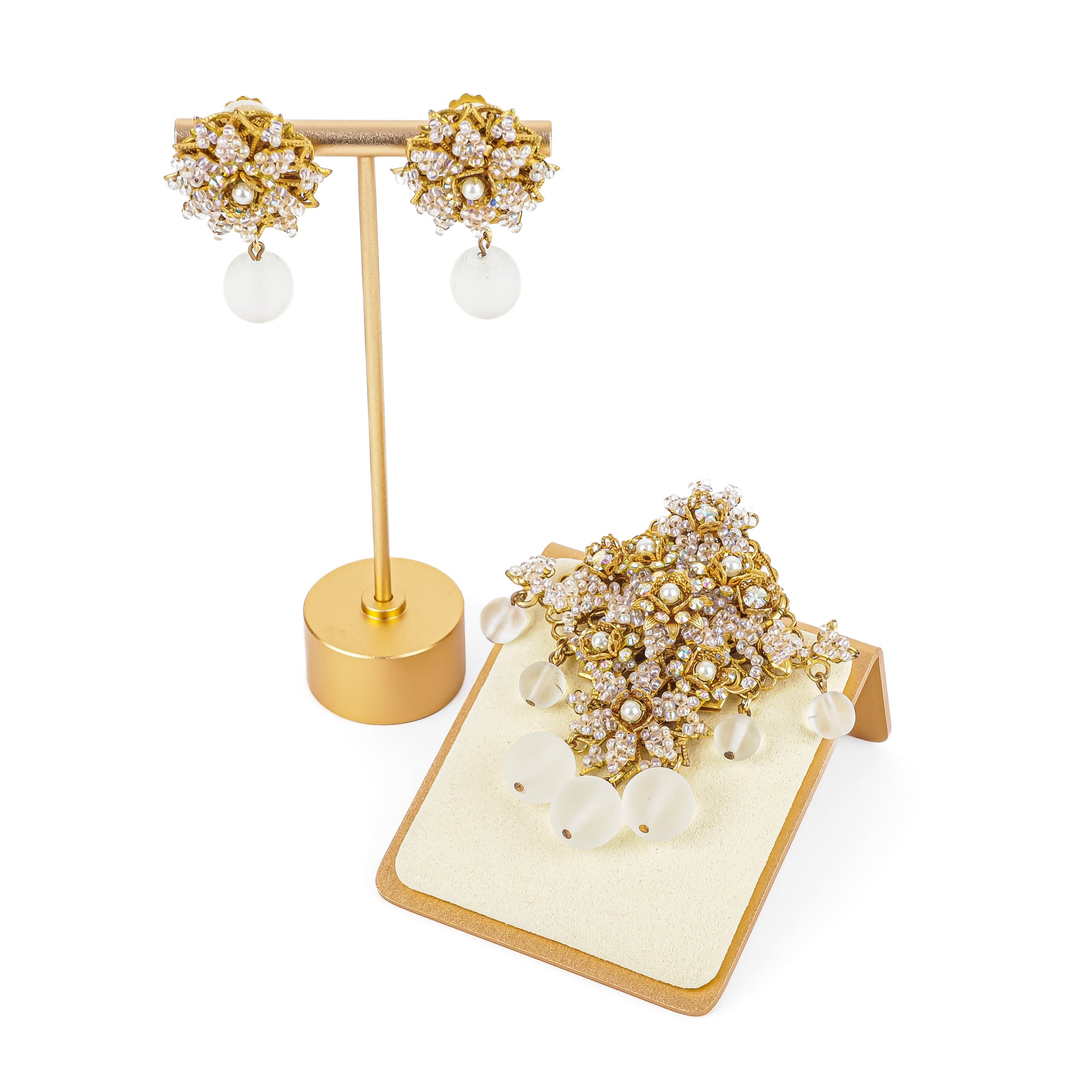M&M DESIGNS Gold Tone Rhinestone Bead Drop Brooch & Clips - Elegant Jewelry Accessory for Women, Party, Wedding & Special Occasions