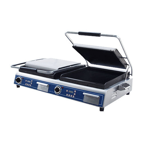 Globe GSGDUE14D Double Deluxe Smooth Plate Panini Grill Press - Perfect for Sandwiches, Paninis & Breakfast Cooking at Home, Restaurants or Cafes
